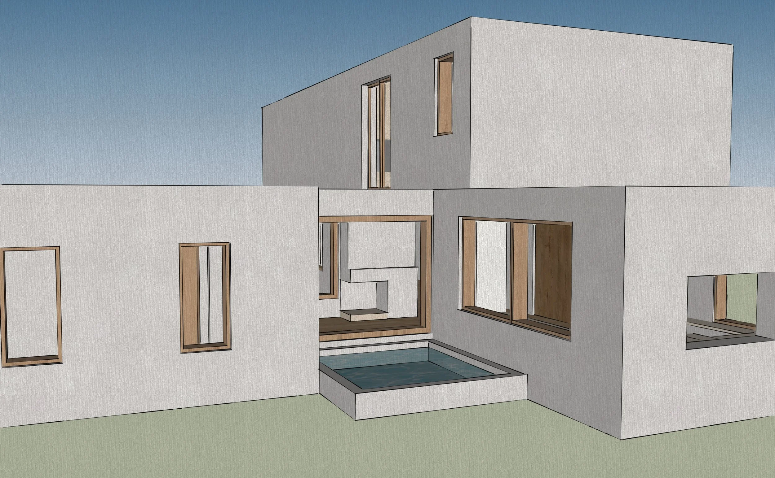 A digital rendering of a modern house with white exterior walls, wooden window trims, and a small pool in the backyard.