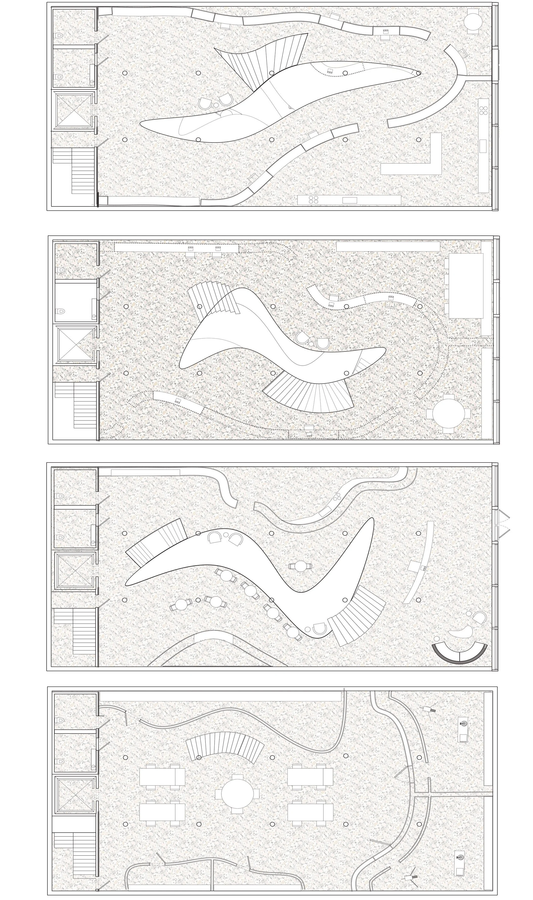 Floor plans of a multi-story building with abstract, organic-shaped structures and seating areas on each level.