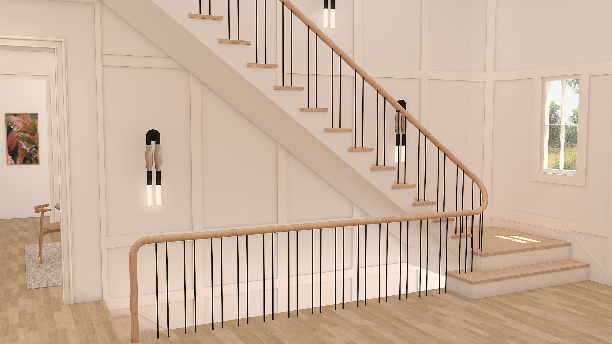 Contemporary staircase inside a home with wooden steps, black metal balusters, and a curved wooden handrail. Natural light from large windows highlights the light-colored wooden flooring and white walls.