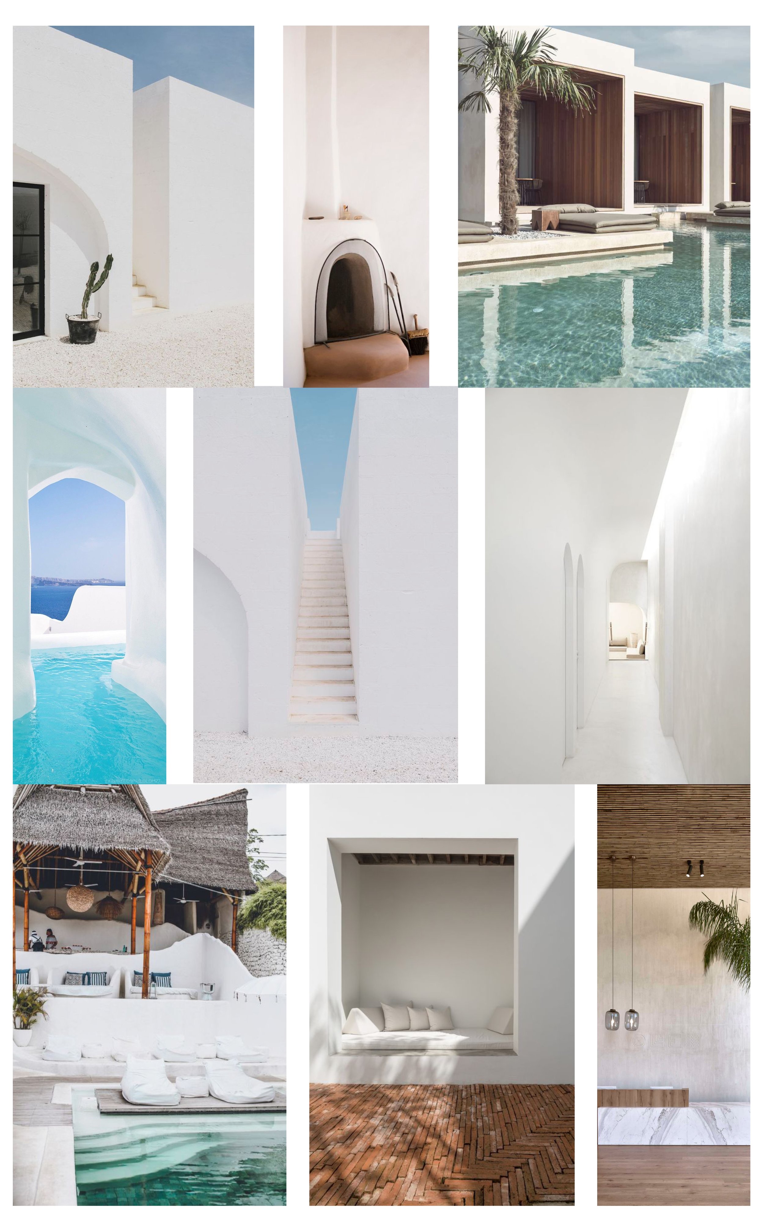 Collage of minimalist modern architecture and relaxing poolside spaces with white walls, wooden accents, and natural elements.