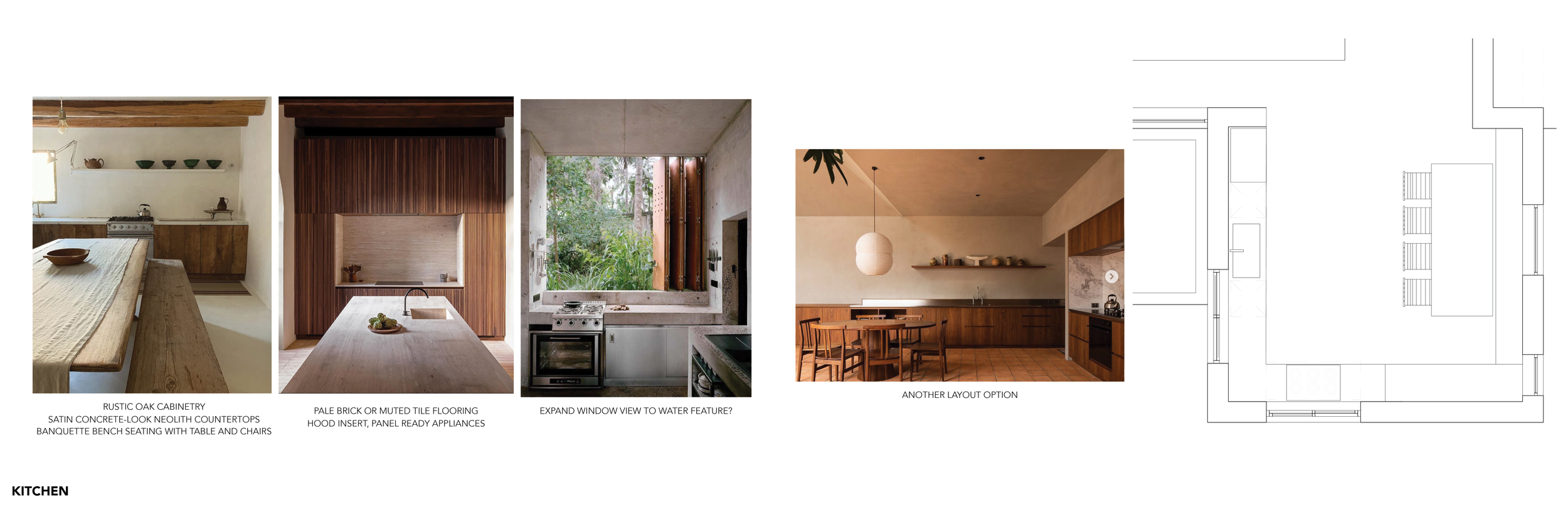 Design options for a kitchen showcasing rustic oak cabinetry with satin concrete-look countertops, a pale brick or muted tile flooring, and an expanse of windows with water views. The layout includes one option with a dining area and another with a water feature view.
