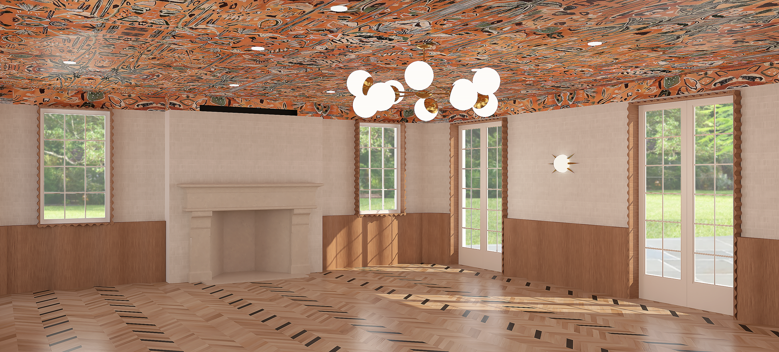 Empty room with wood-paneled walls, a fireplace, large windows, glass door, patterned ceiling, modern chandelier, and hardwood floor.