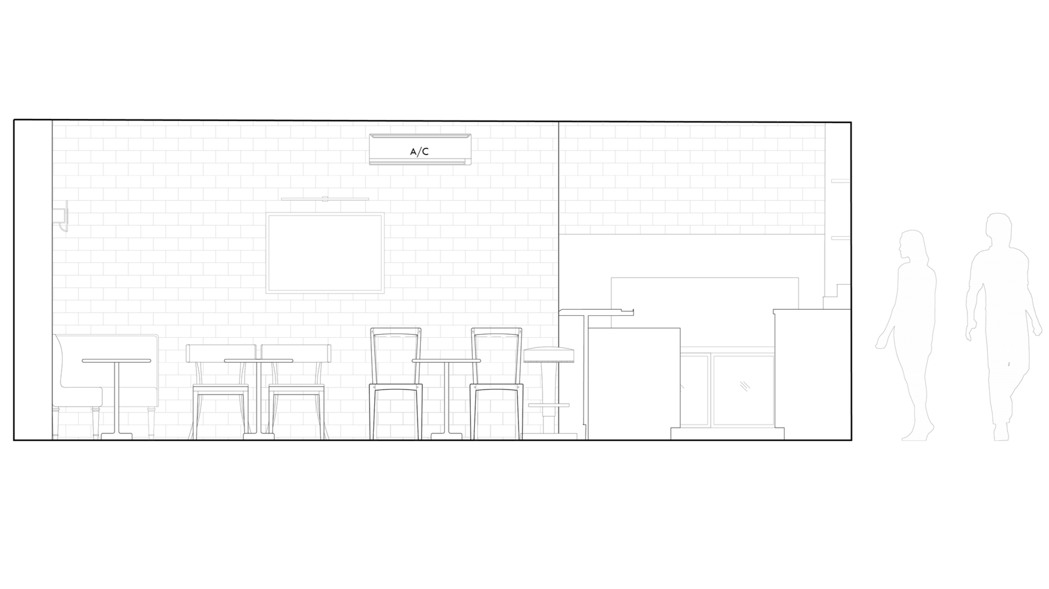 Architectural elevation drawing of a room with tables and chairs, a TV, air conditioning unit, brick wall, and two human silhouettes for scale.