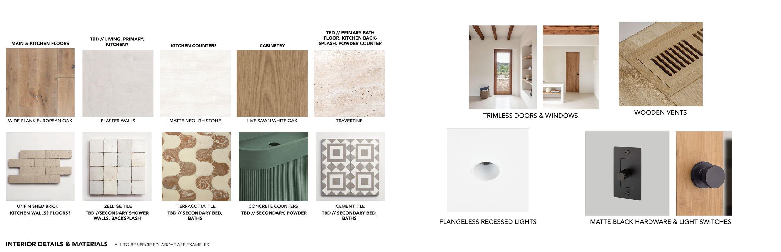 Interior design plan including flooring samples such as European oak, travertine, and terracotta tile, along with wall materials like plaster and tile. The plan features trimless doors and windows, wooden vents, recessed lighting, and matte black hardware and switches. There are also images of doors, windows, and lighting fixtures.