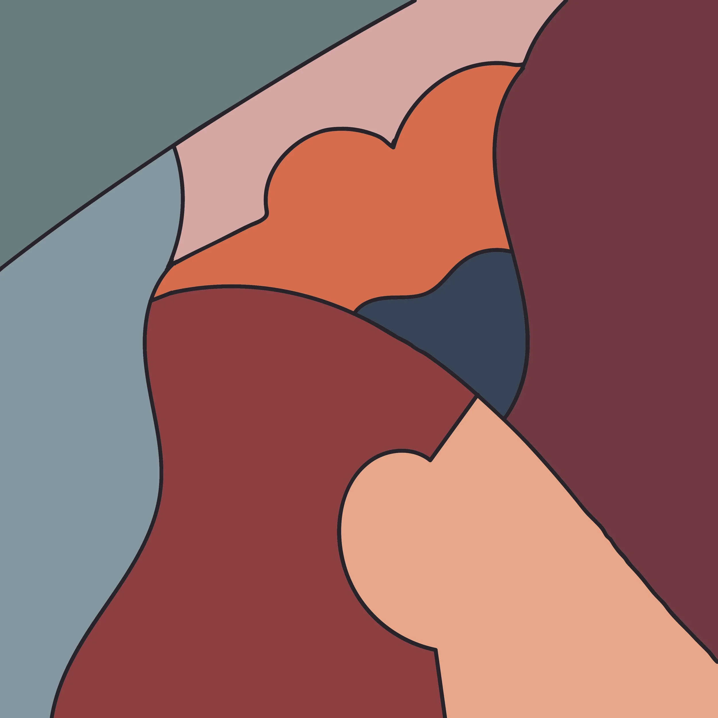 Abstract colorful composition with curved shapes in various shades of red, orange, pink, blue, and green.
