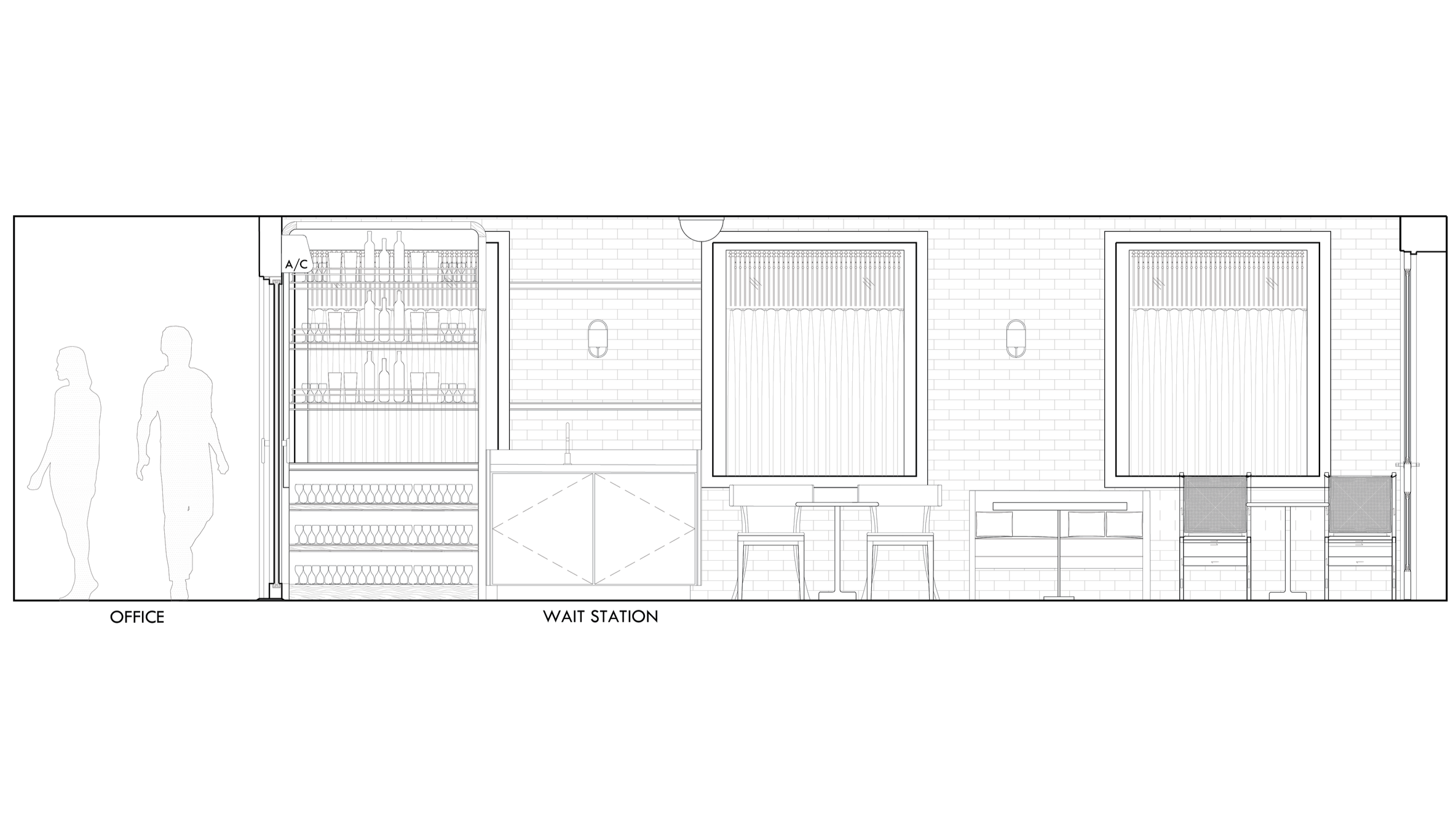 Architectural drawing of a cafe interior showing an office area, a wait station with shelves of bottles and glasses, two tables with chairs, and two chairs by a window.