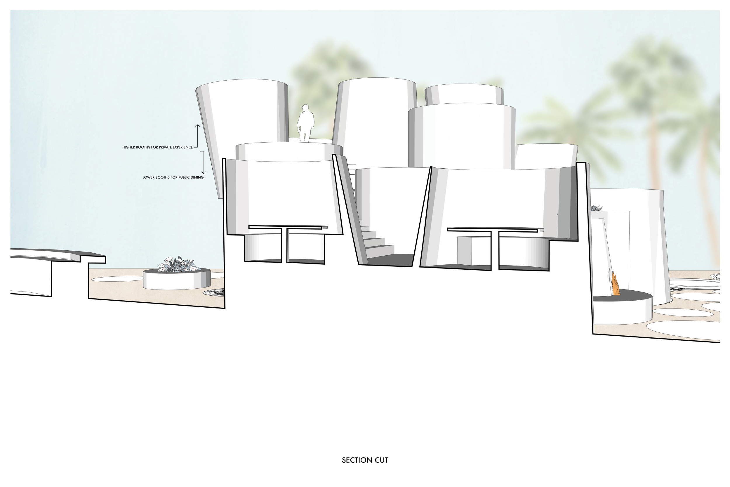 Architectural section cut of a modern multi-level building with labeled areas for private experience and public dining, featuring curved structures and outdoor landscaping with palm trees.
