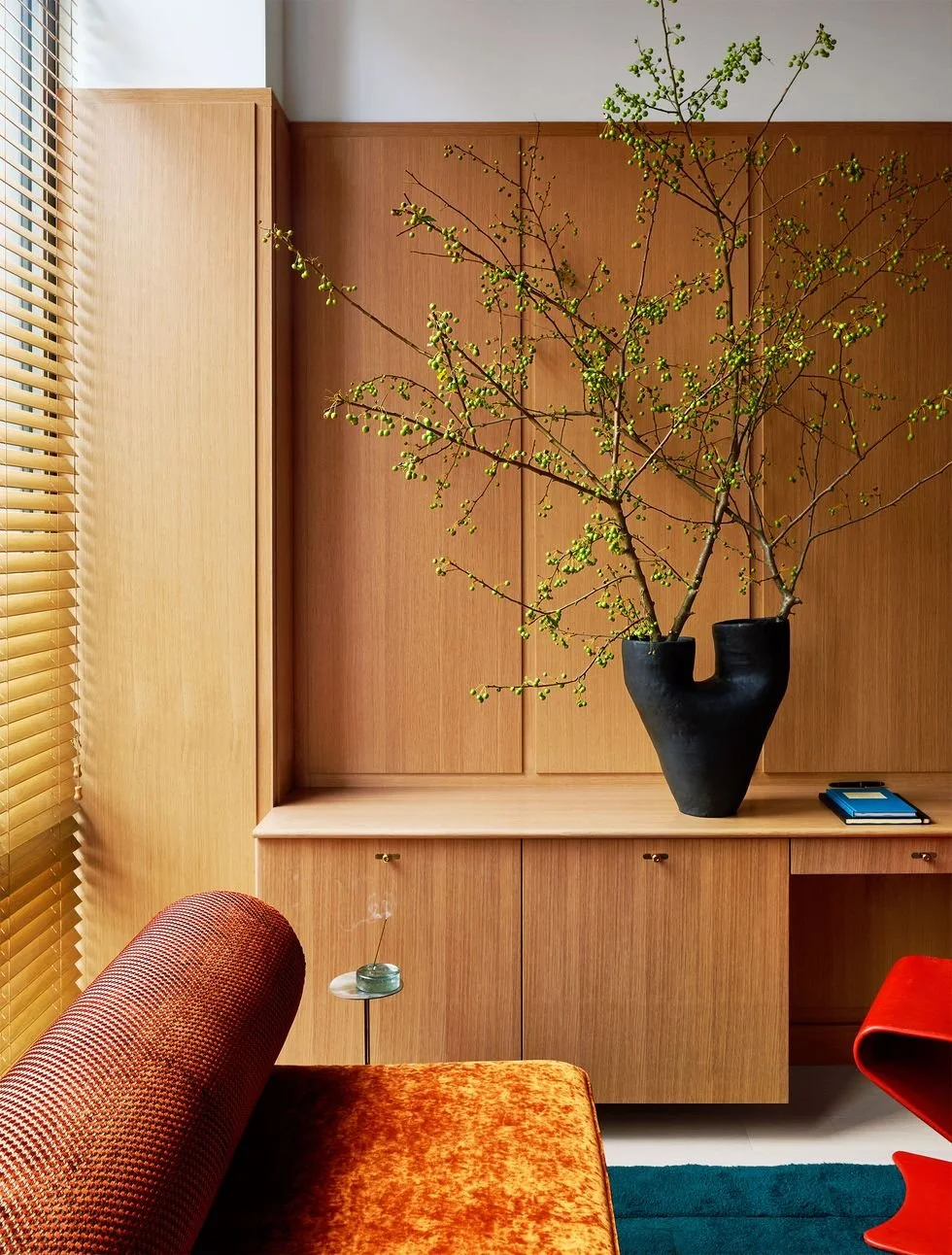 Interior room with a large black vase on a wooden cabinet, holding a branch with small green leaves. There is a window with blinds on the left, an orange textured couch in the foreground, and a red chair on the right.