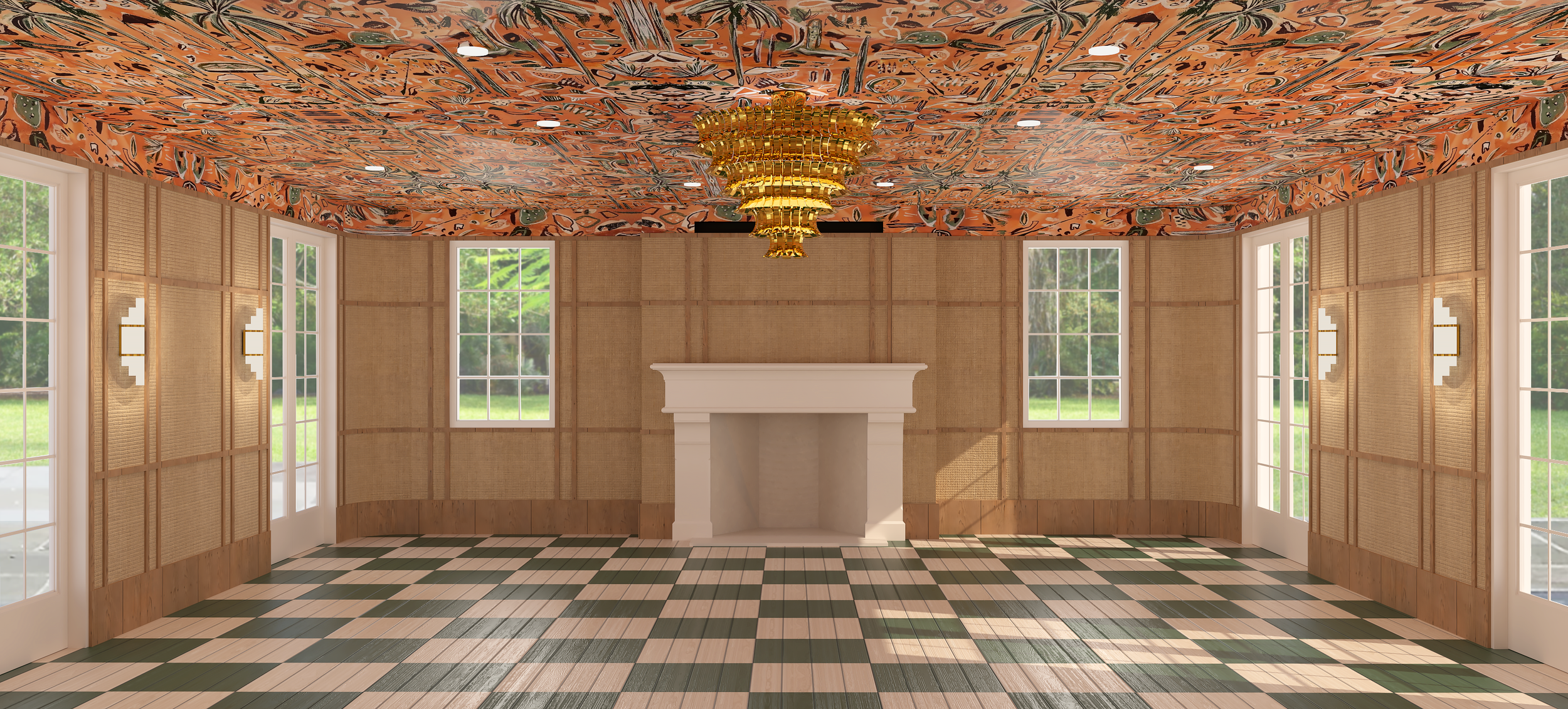 A spacious room with large windows, checkered green and beige tile flooring, a plain fireplace, wooden paneling on the walls, colorful abstract ceiling art, and a gold chandelier hanging from the ceiling.
