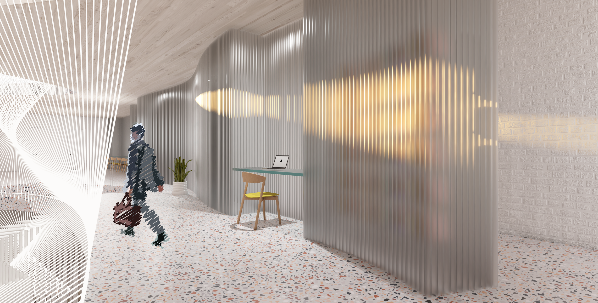 Modern office lobby with terrazzo flooring, a curved metal partition wall, and a desk with a laptop. A person with a bag walks through the space, and there's a potted plant nearby.