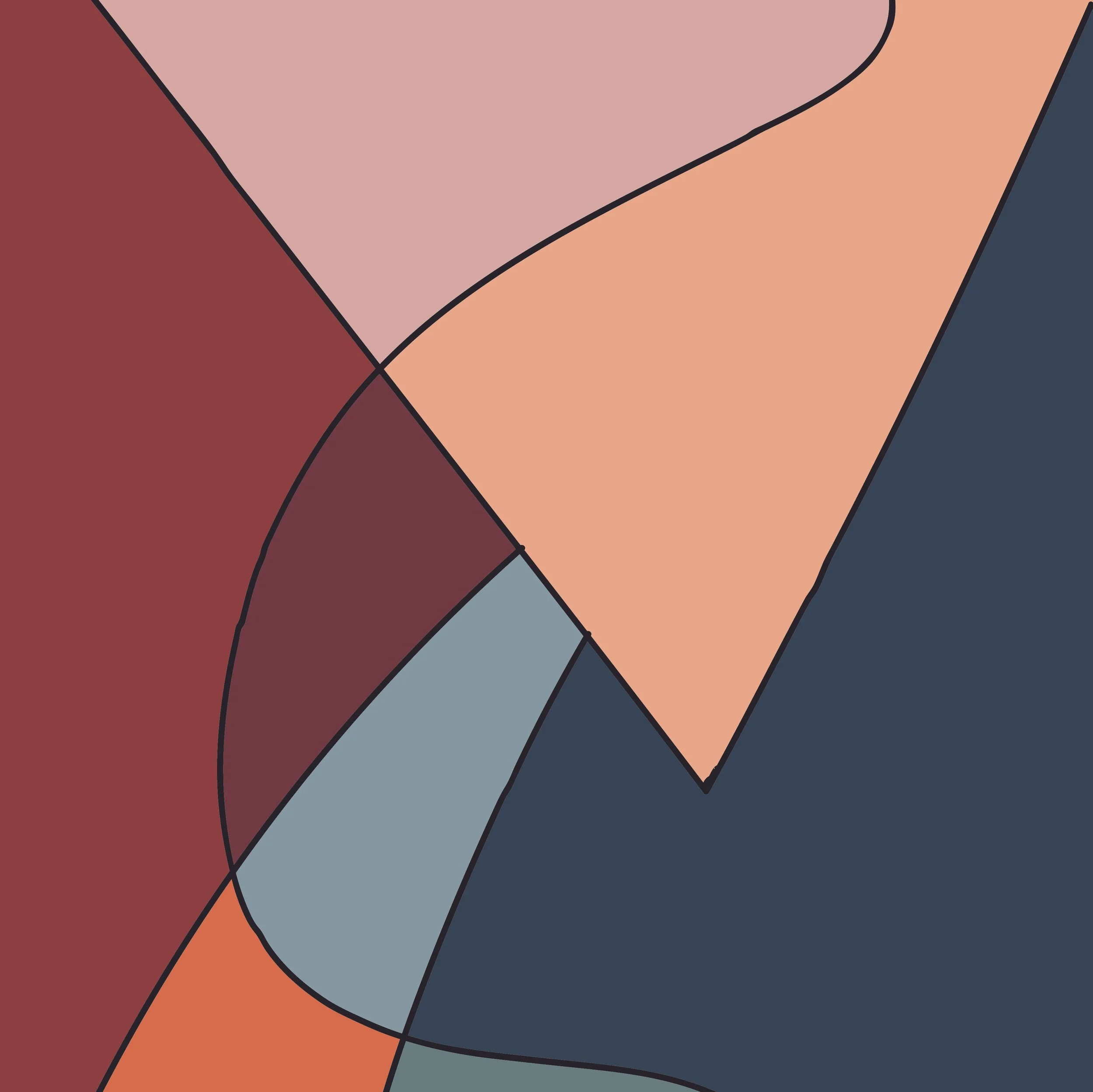 An abstract artwork with irregular shapes in shades of red, pink, navy, light blue, orange, and gray, outlined with black lines.