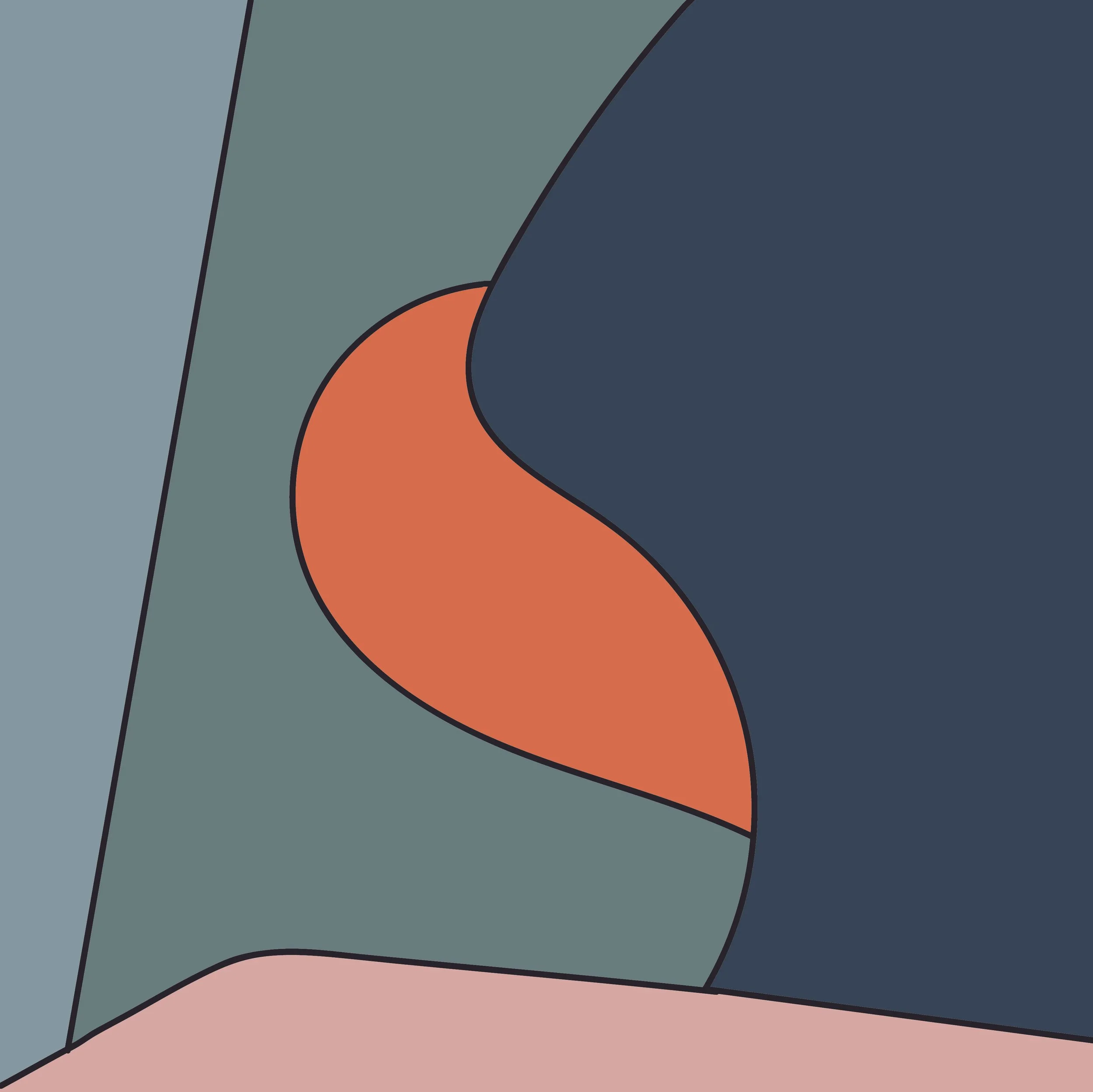 Abstract illustration with curved shapes in dark blue, green, light blue, orange, and pink.