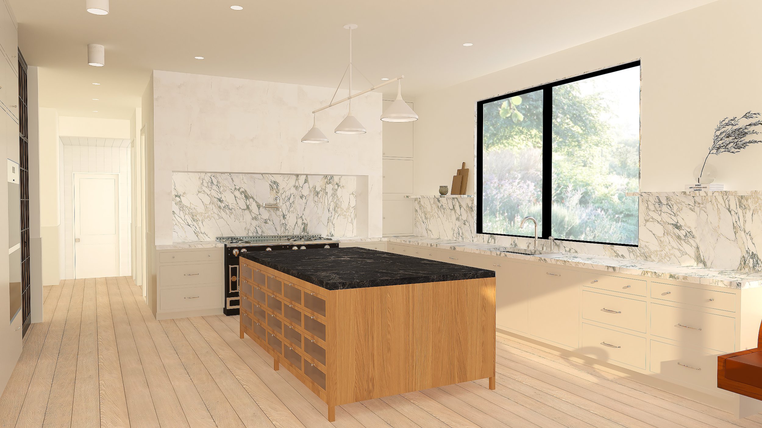 Modern kitchen with white cabinetry, marble backsplash, large window, wooden island with black countertop, and light wood flooring.