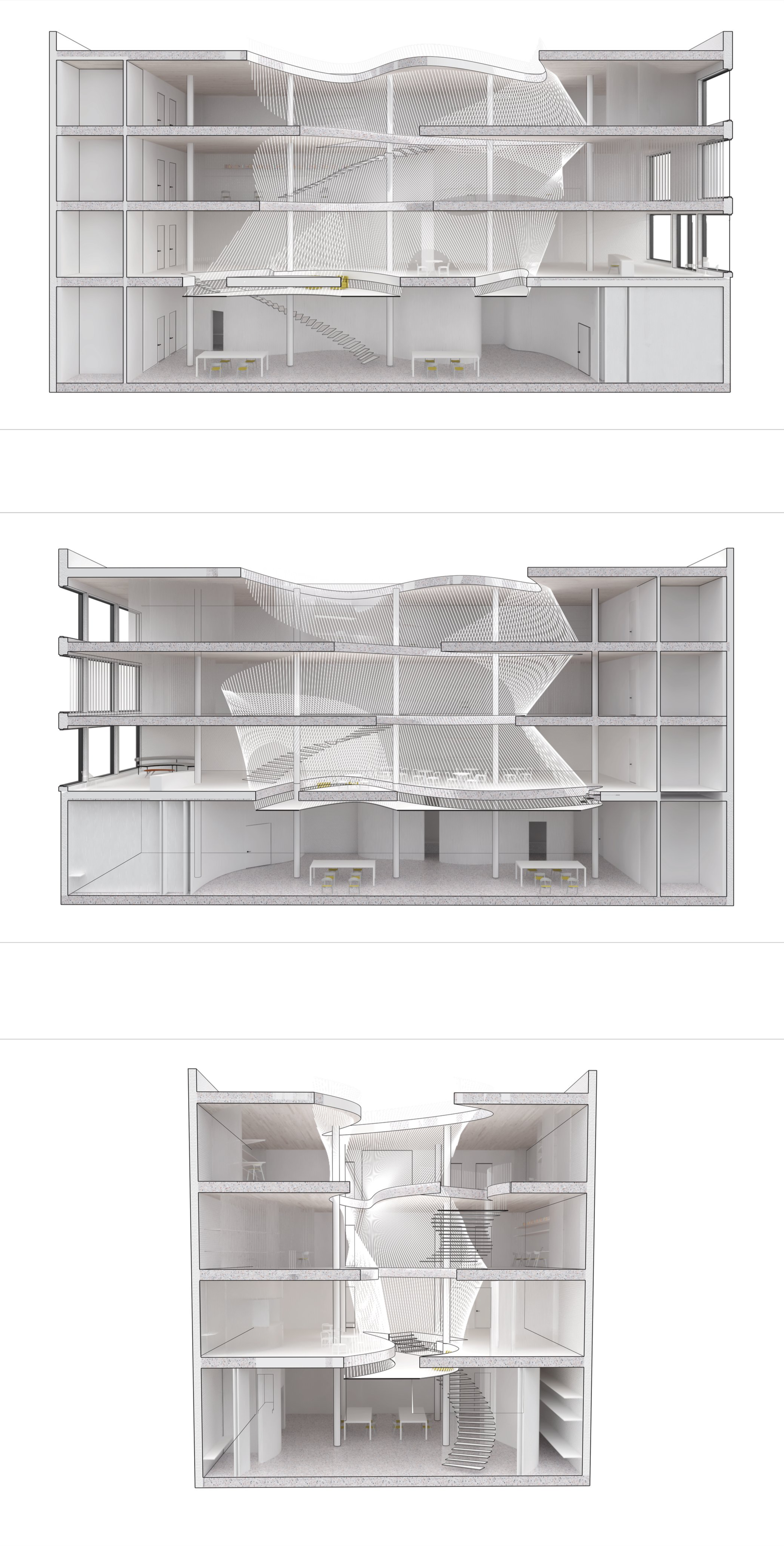 Cross-section of a modern multi-story building with a unique, flowing central staircase and open interior spaces.