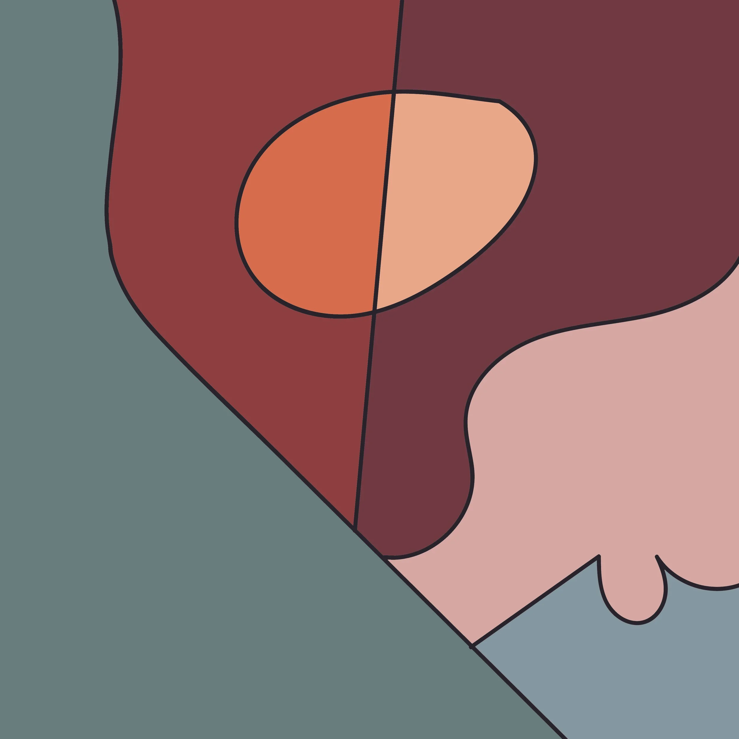 Abstract digital drawing of a face in profile with almond-shaped eye, nose, and lips, using flat color blocks in shades of red, pink, gray, and beige.