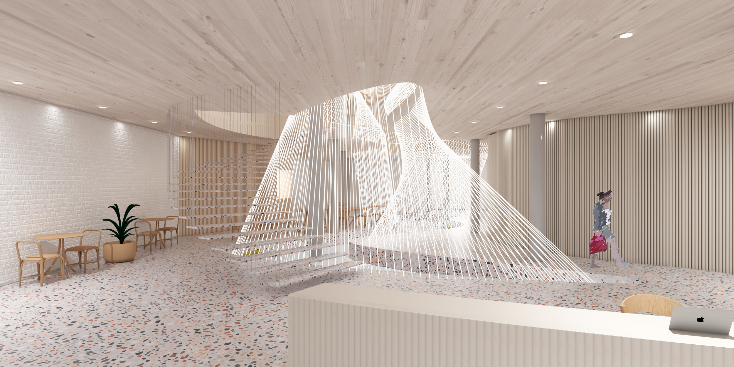 Modern interior space with terrazzo flooring, white brick wall, light wood ceiling, and decorative white sculptural installation made of vertical slats and lattice structures. There are chairs arranged along the wall, a potted plant, and a woman walking past.