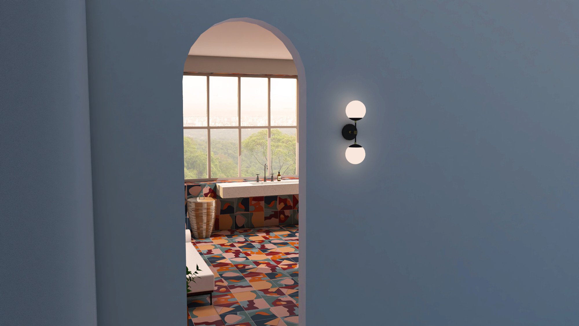 View through an arched doorway into a room with a large window, colorful patterned floor and counter, a basket, and greenery outside.