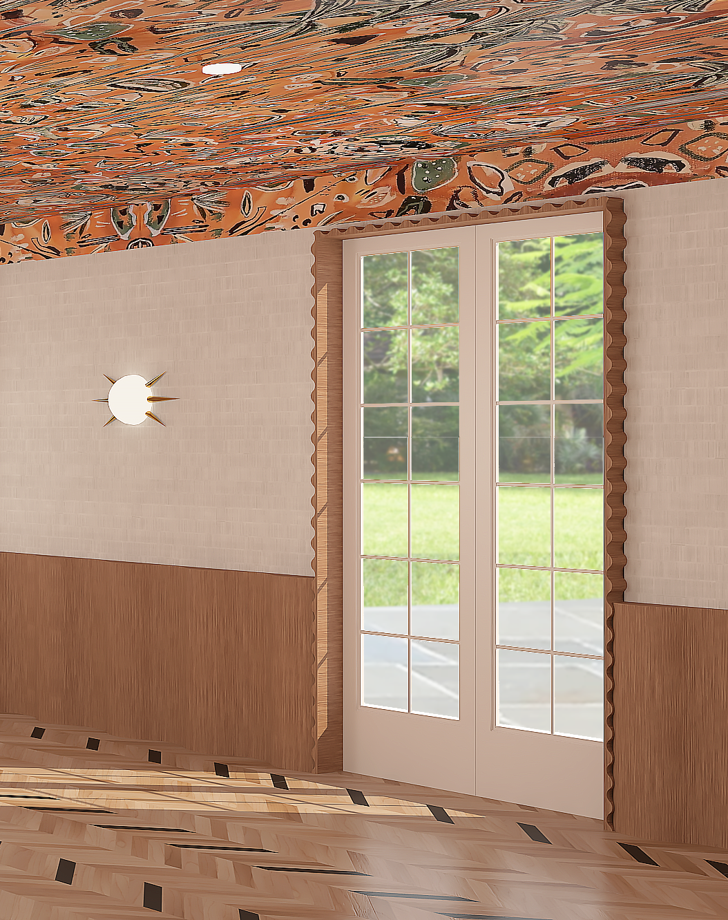 Interior view of a room with a patterned ceiling, a wall-mounted light fixture, and a large glass door leading outside to a grassy area with trees.