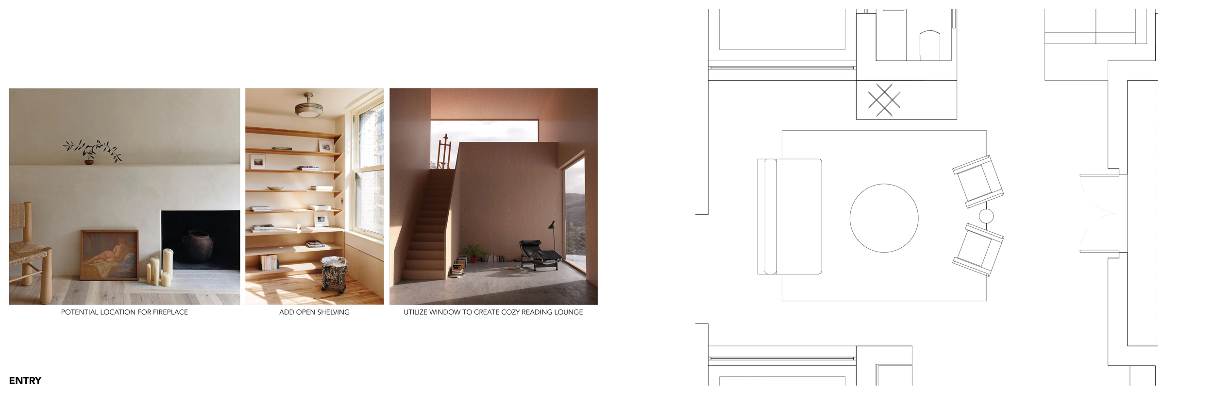 Design layout with interior decor ideas including potential fireplace location, open shelving, and window use for a cozy reading lounge.