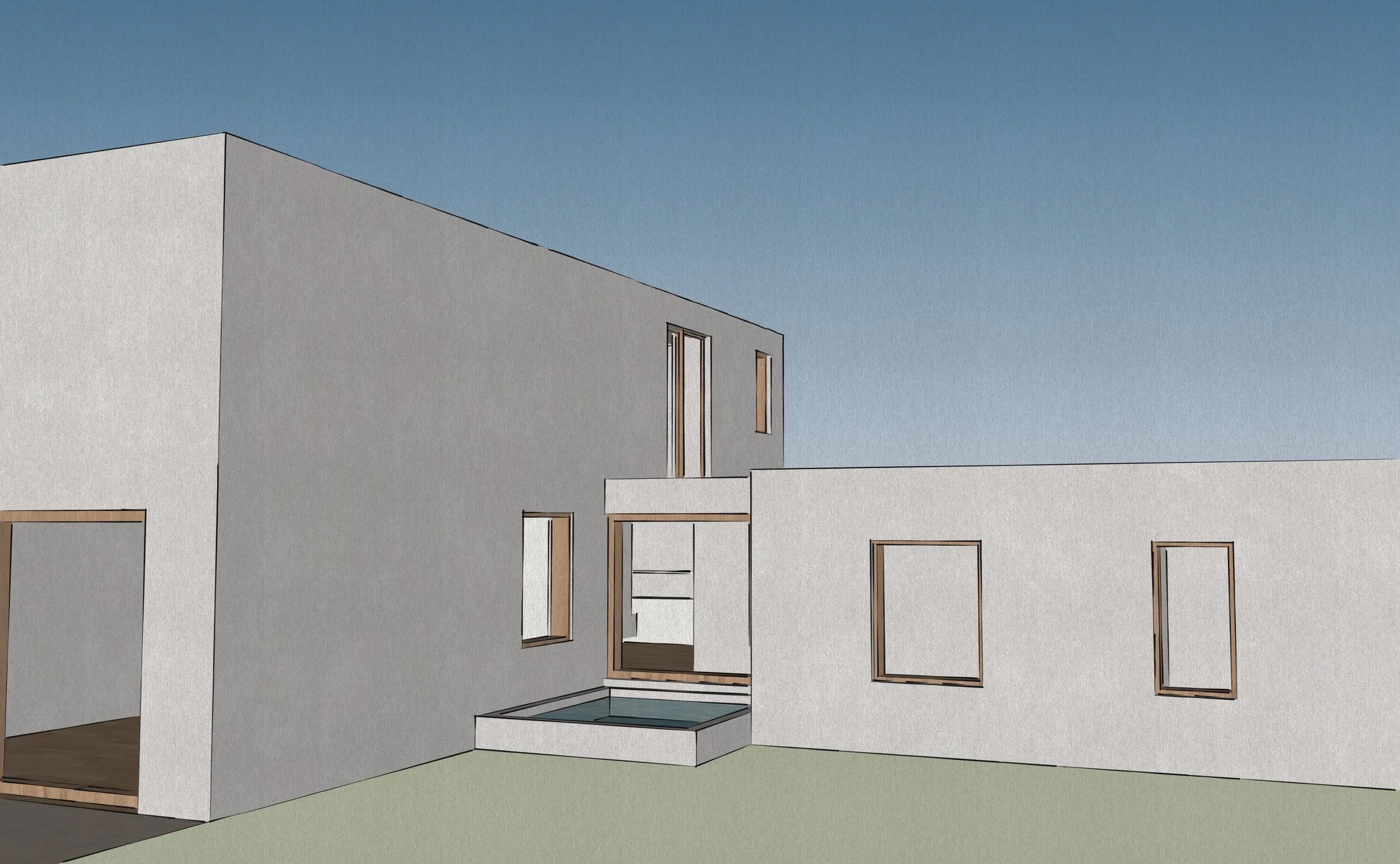Rendering of a modern, minimalist white building with large rectangular windows, a small outdoor pool, and a flat roof against a clear blue sky.