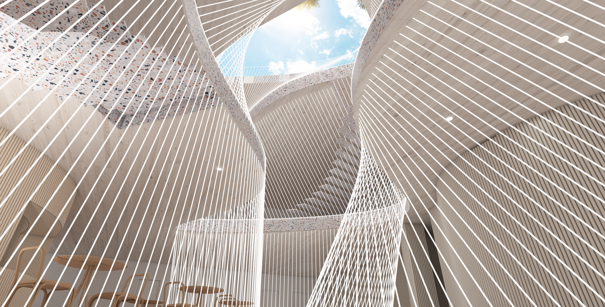 Interior view of a modern building with artistic white curved and hanging panels, an open ceiling with a skylight showing a blue sky and clouds, and some wooden chairs and tables in the background.