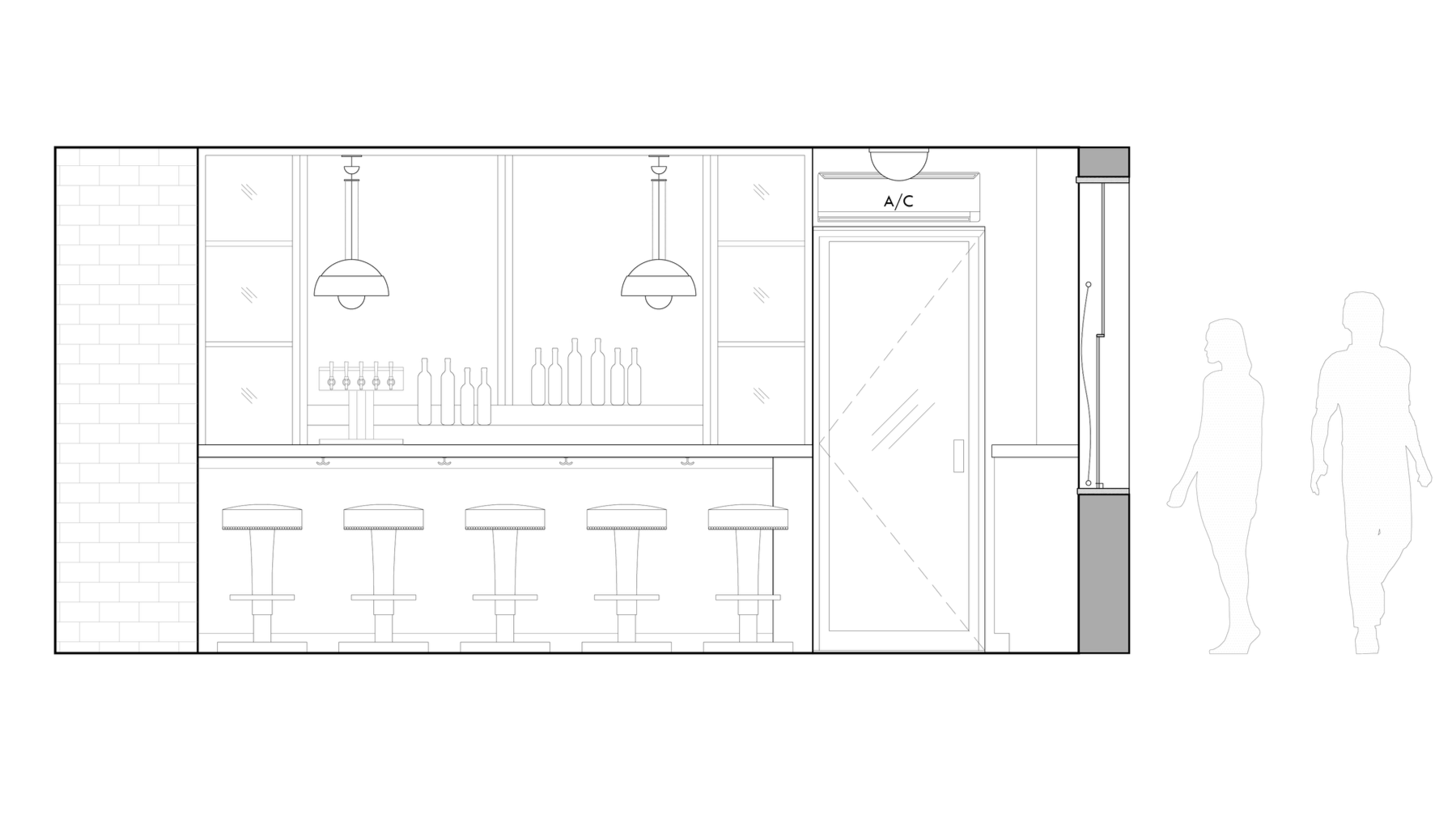 Line drawing of a modern bar interior with five bar stools, hanging pendant lights, bottles on shelves, a beer tap, and an A/C unit above a door. Two human figures shown for scale.