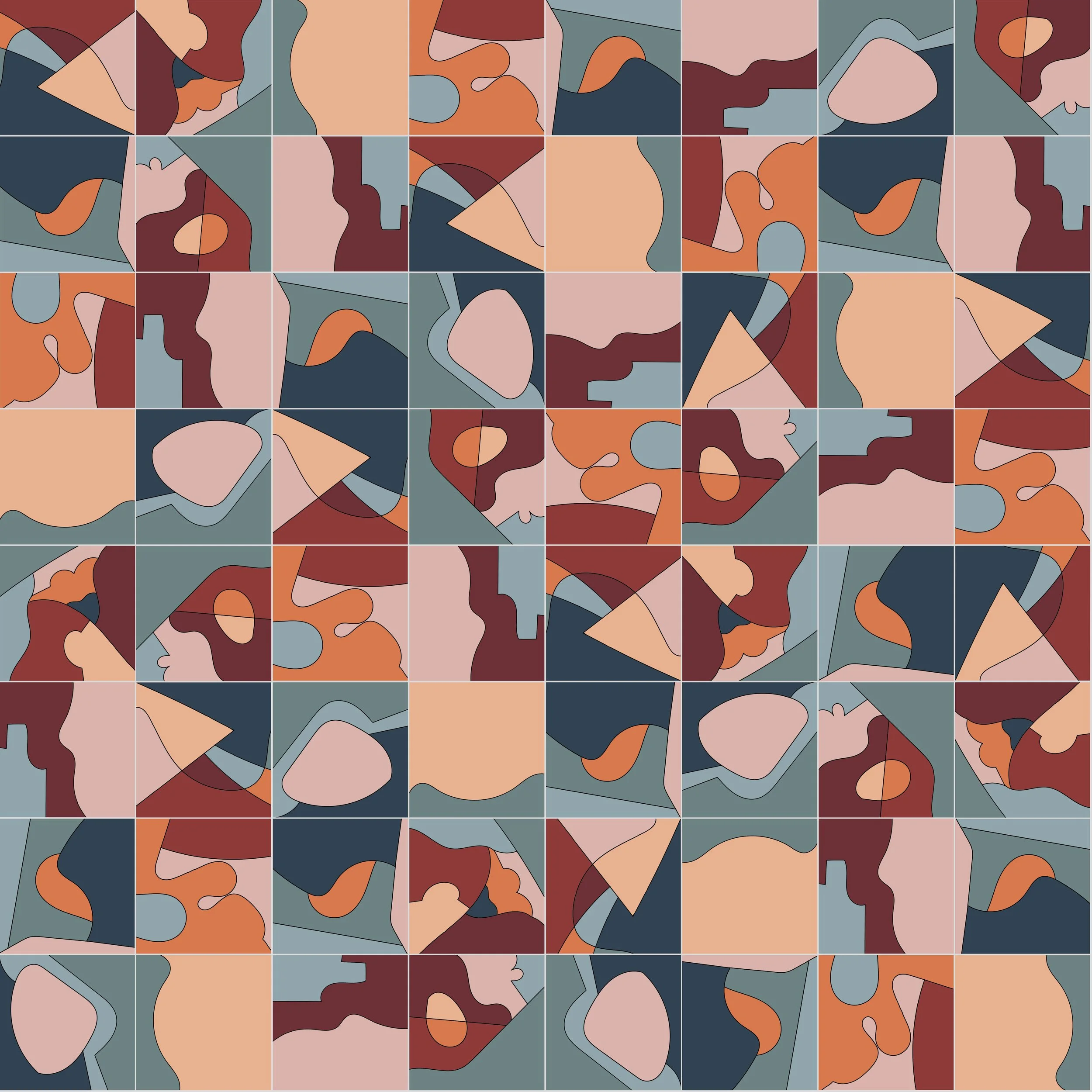 An abstract mosaic pattern with irregular shapes in earth tones such as peach, beige, rust, dark red, gray, and navy blue.