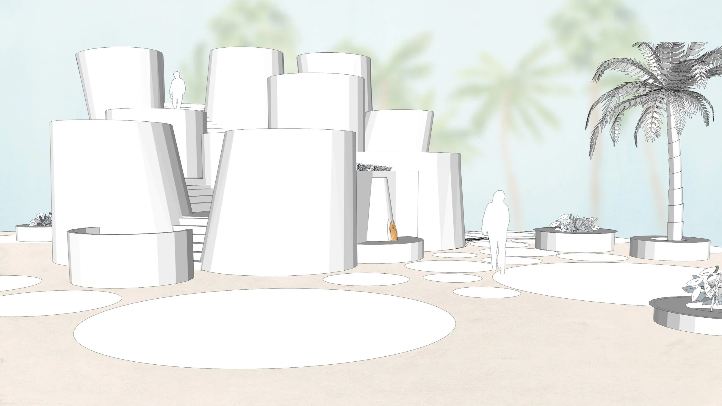 Architectural rendering of a modern, white, multi-level building with curved walls, outdoor stairs, palm trees, and planters, set in a desert landscape with circular patterned pathways.
