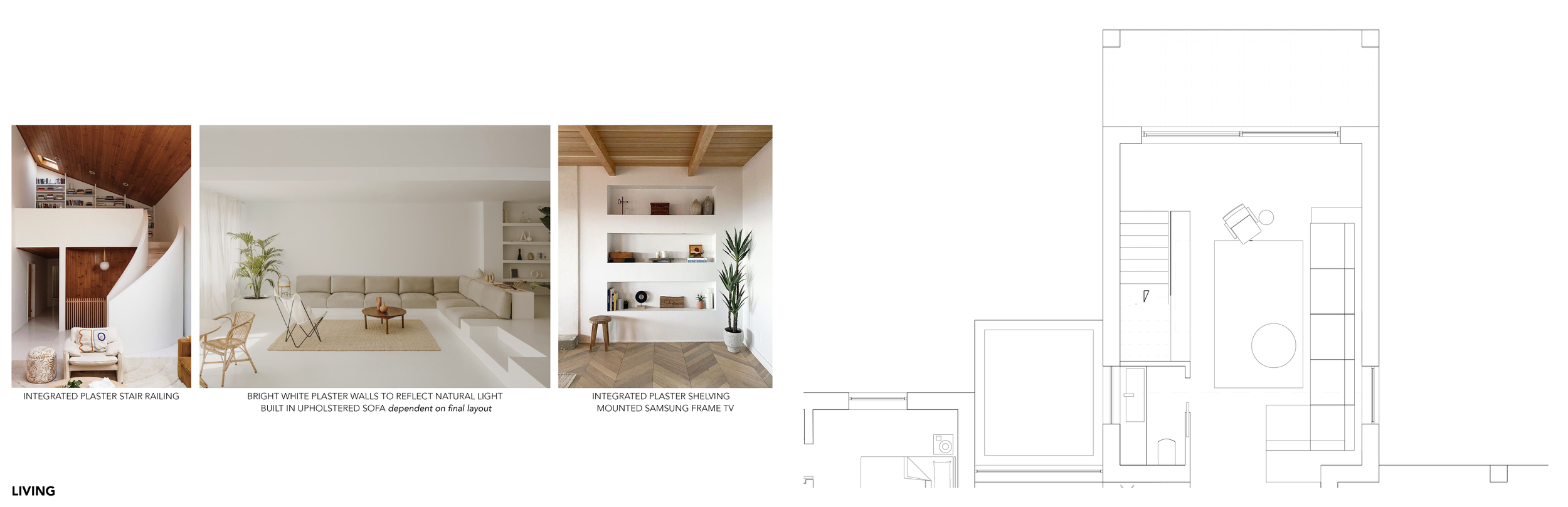 Interior view of a modern living room with white walls, built-in shelving, and a large beige sectional sofa.