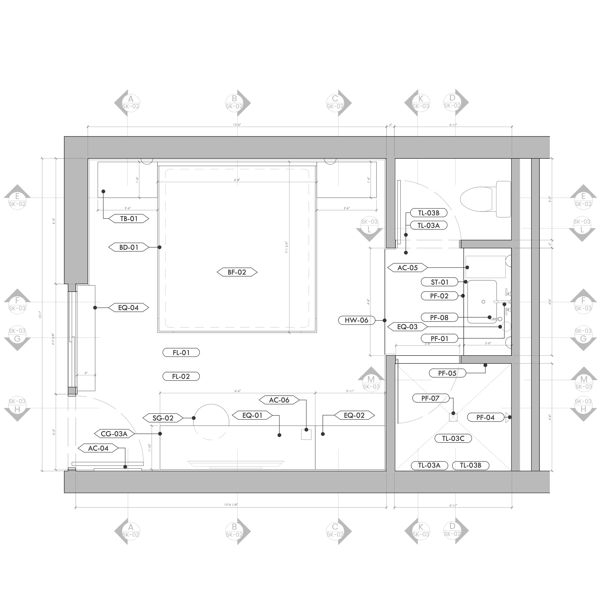 Architectural floor plan of a building, showing rooms, walls, doors, and electrical layouts with labeled components and measurements.