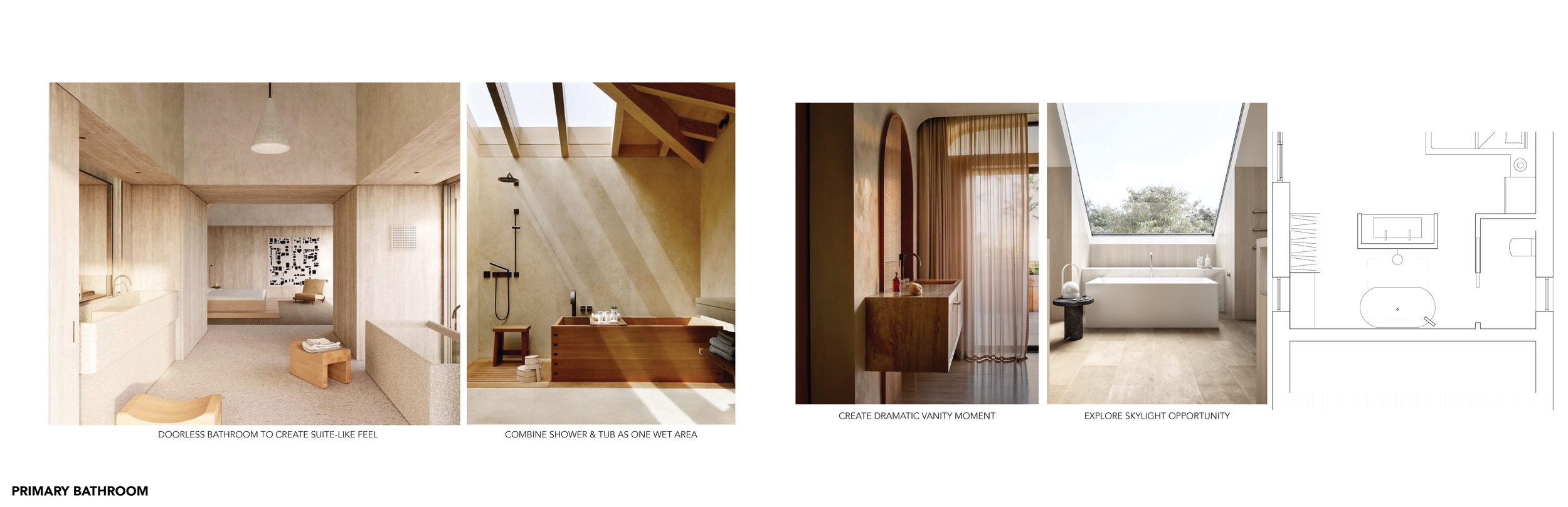 A collage of four images showcasing minimalist bathroom designs with natural materials, including a bedroom with open bathroom access, a combination shower and tub, a vanity area with pink curtains, and a skylight bathroom with a bathtub.