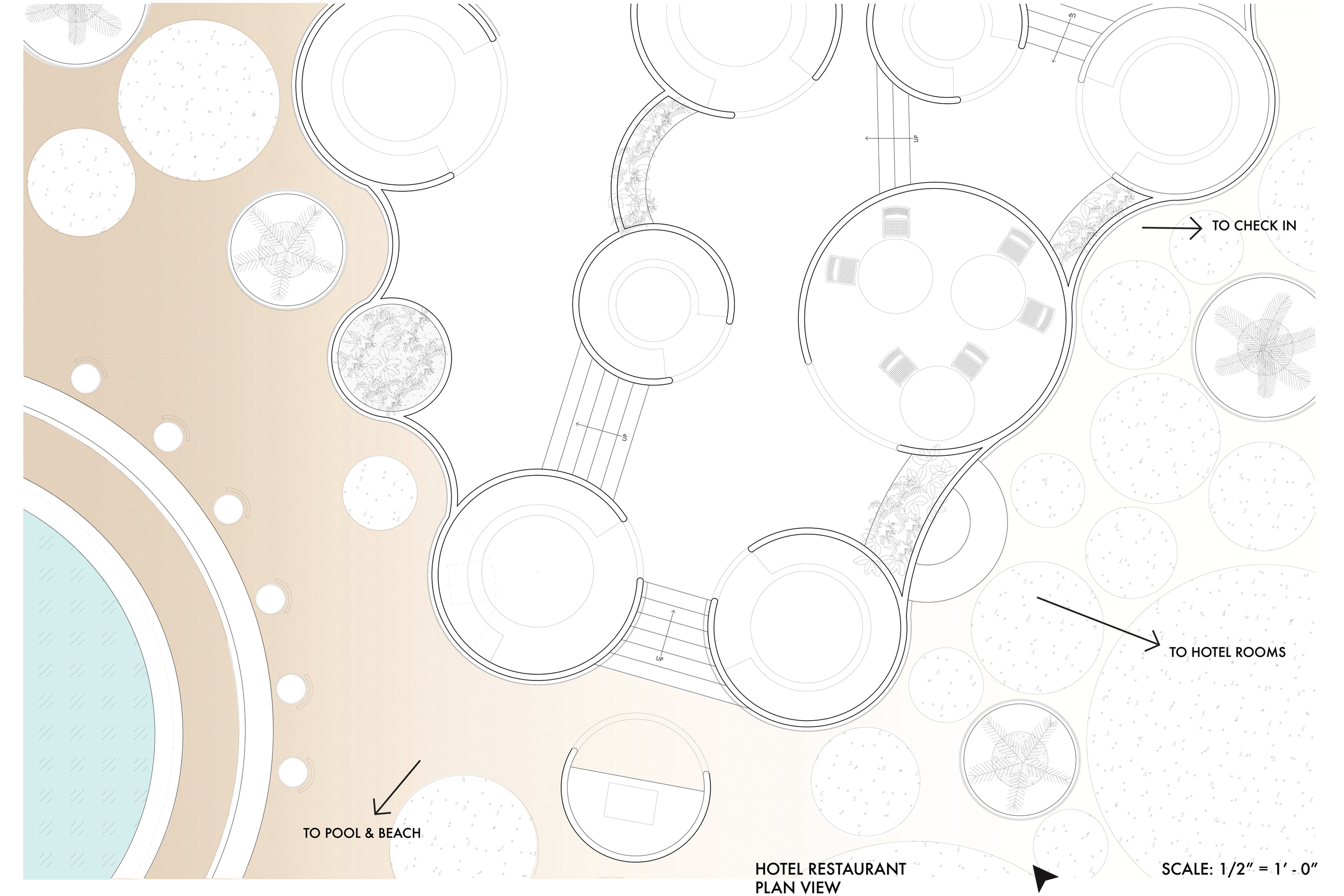Hotel restaurant plan view with circular rooms, pathways, and surrounding landscape, including directions to check-in, pool, beach, and hotel rooms.