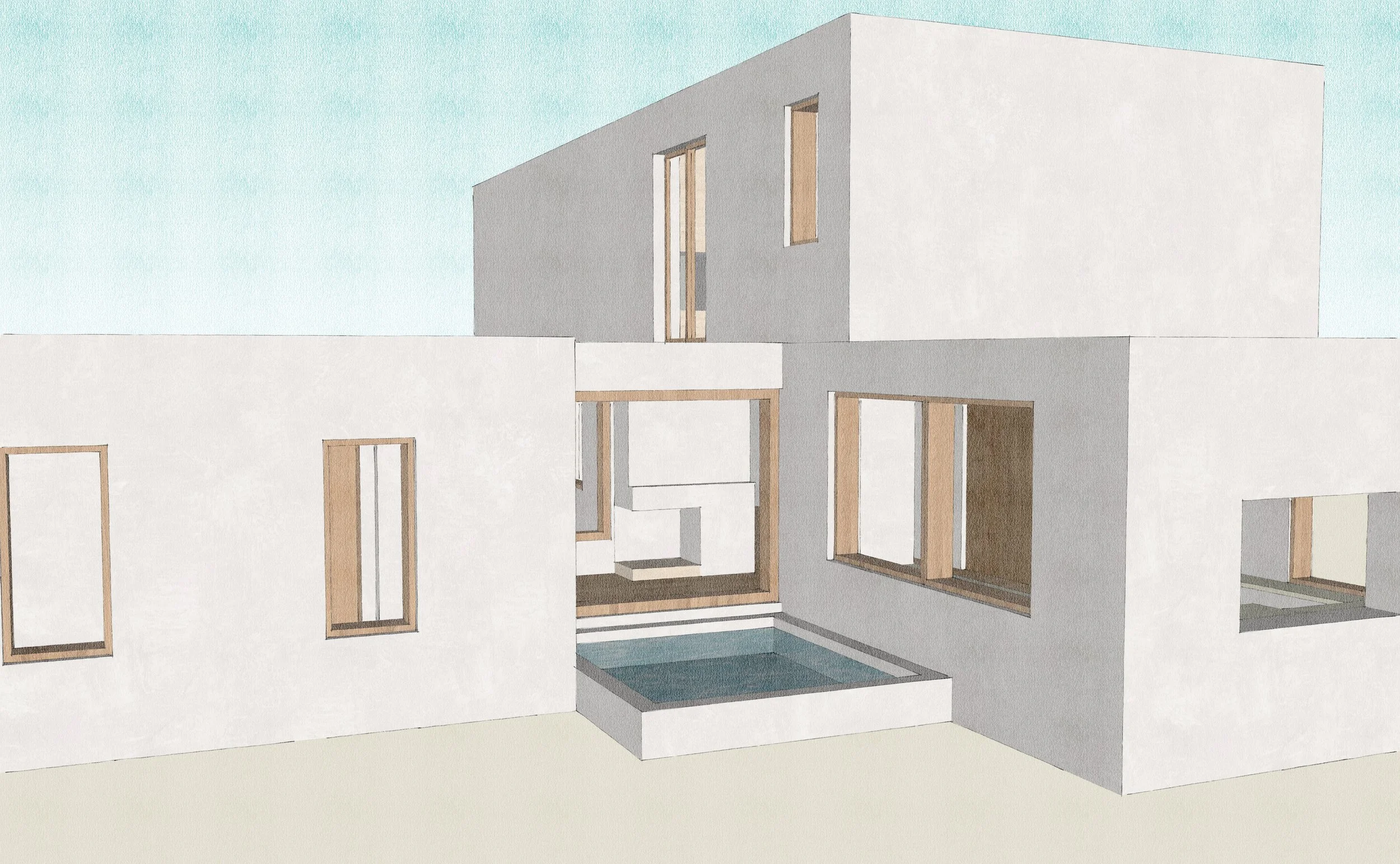A modern architectural house with flat roofs, large windows, white and gray walls, a small pool, and a wooden door.