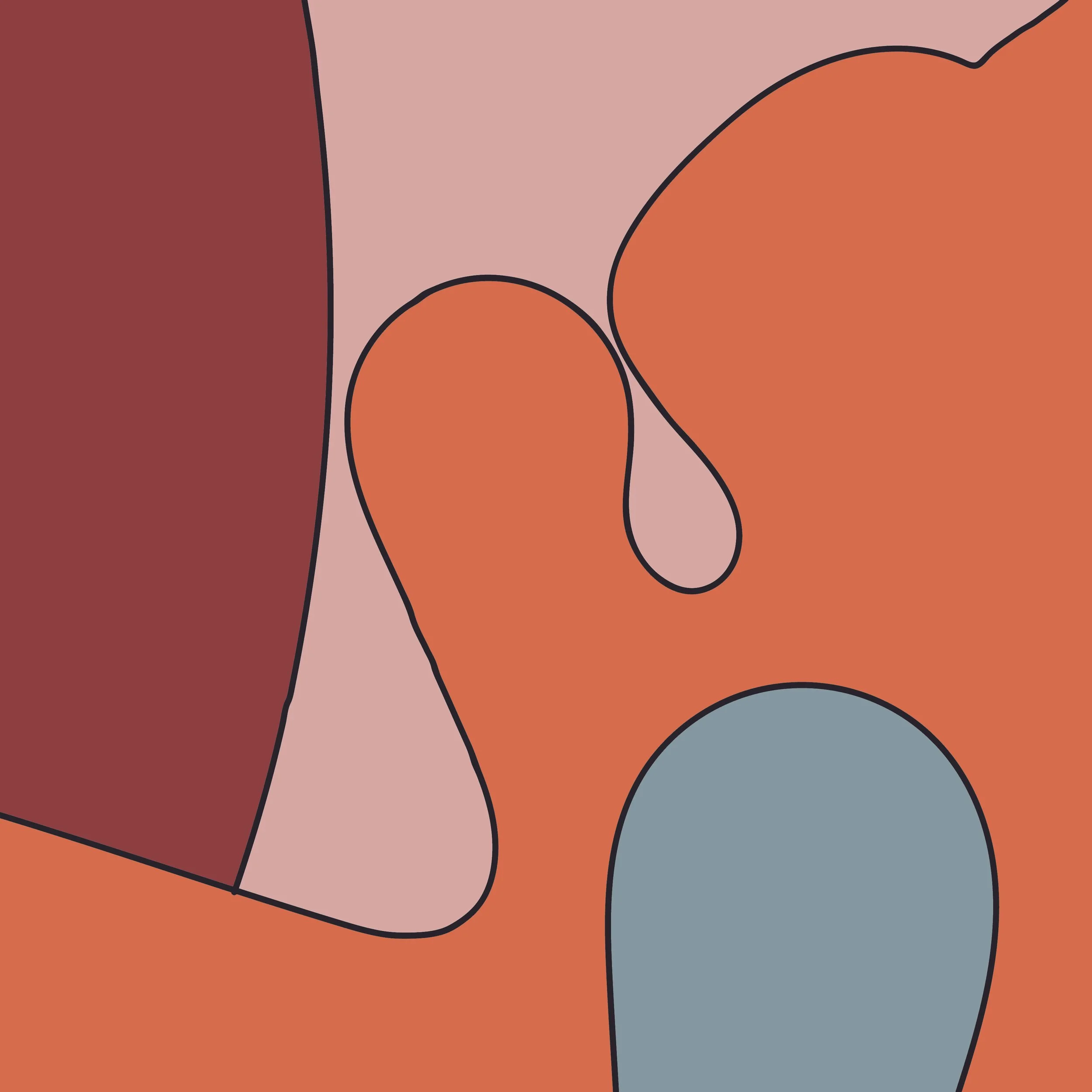 Abstract illustration with various irregular shapes in earthy tones like red, pink, orange, and blue, outlined in black.