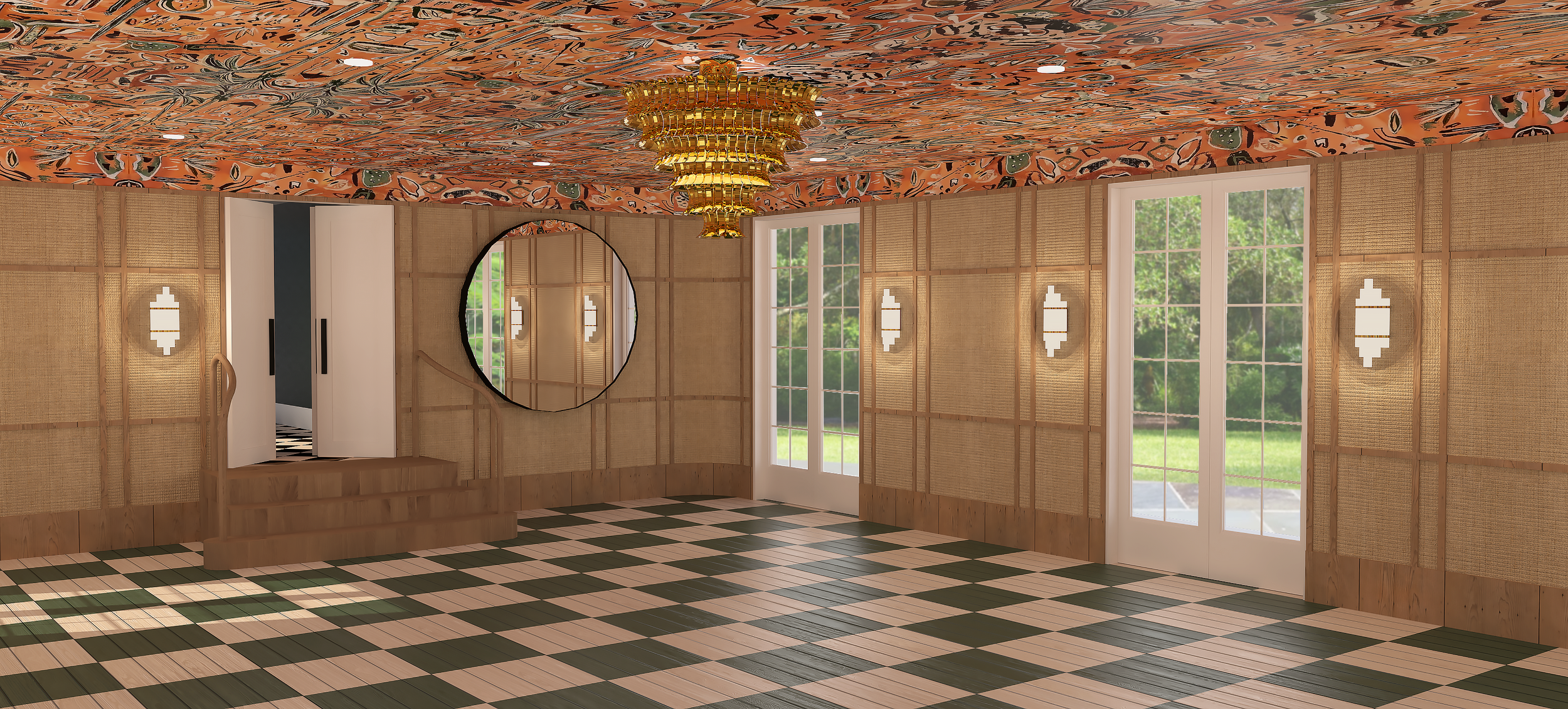 A room with woven bamboo walls, large windows, a checkered floor with green and beige tiles, a round wall mirror, a chandelier, and a small set of wooden steps leading to a door with black and white checkered flooring inside.