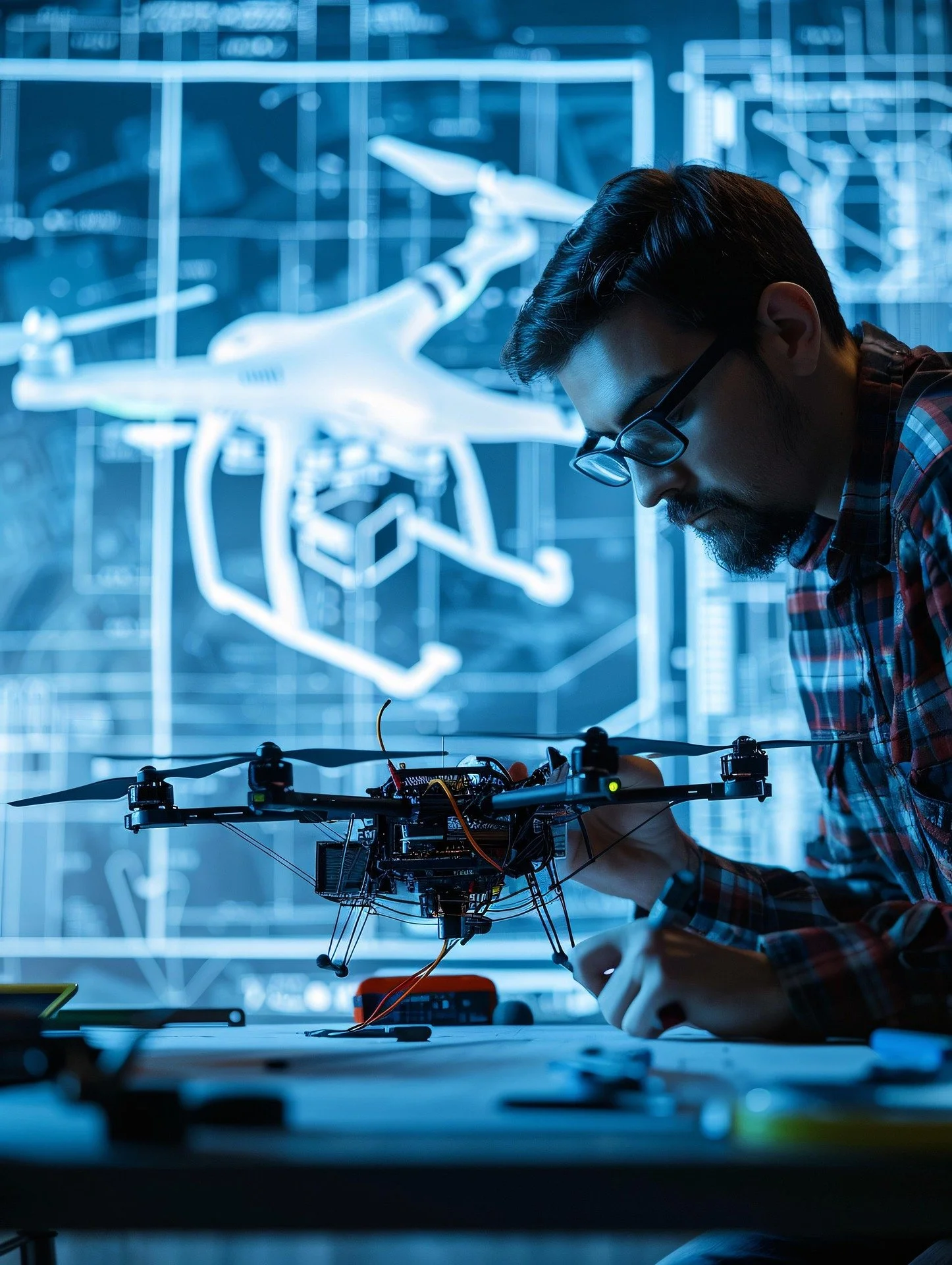 Person working on a drone in high tech industry.