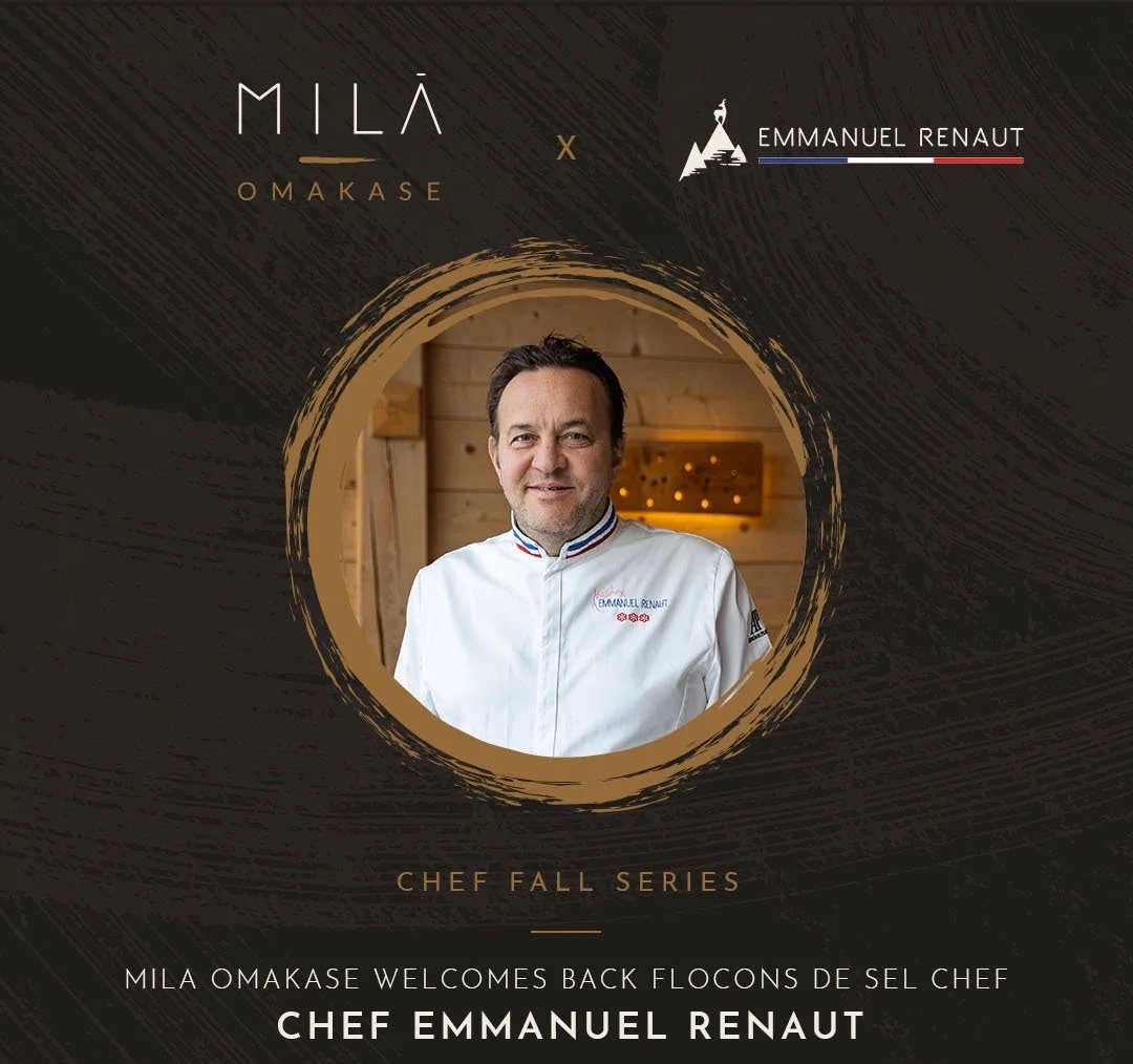 Promotional graphic for a chef fall series featuring Chef Emmanuel Renaut, with a headshot of him in a chef's coat surrounded by decorative graphic elements.