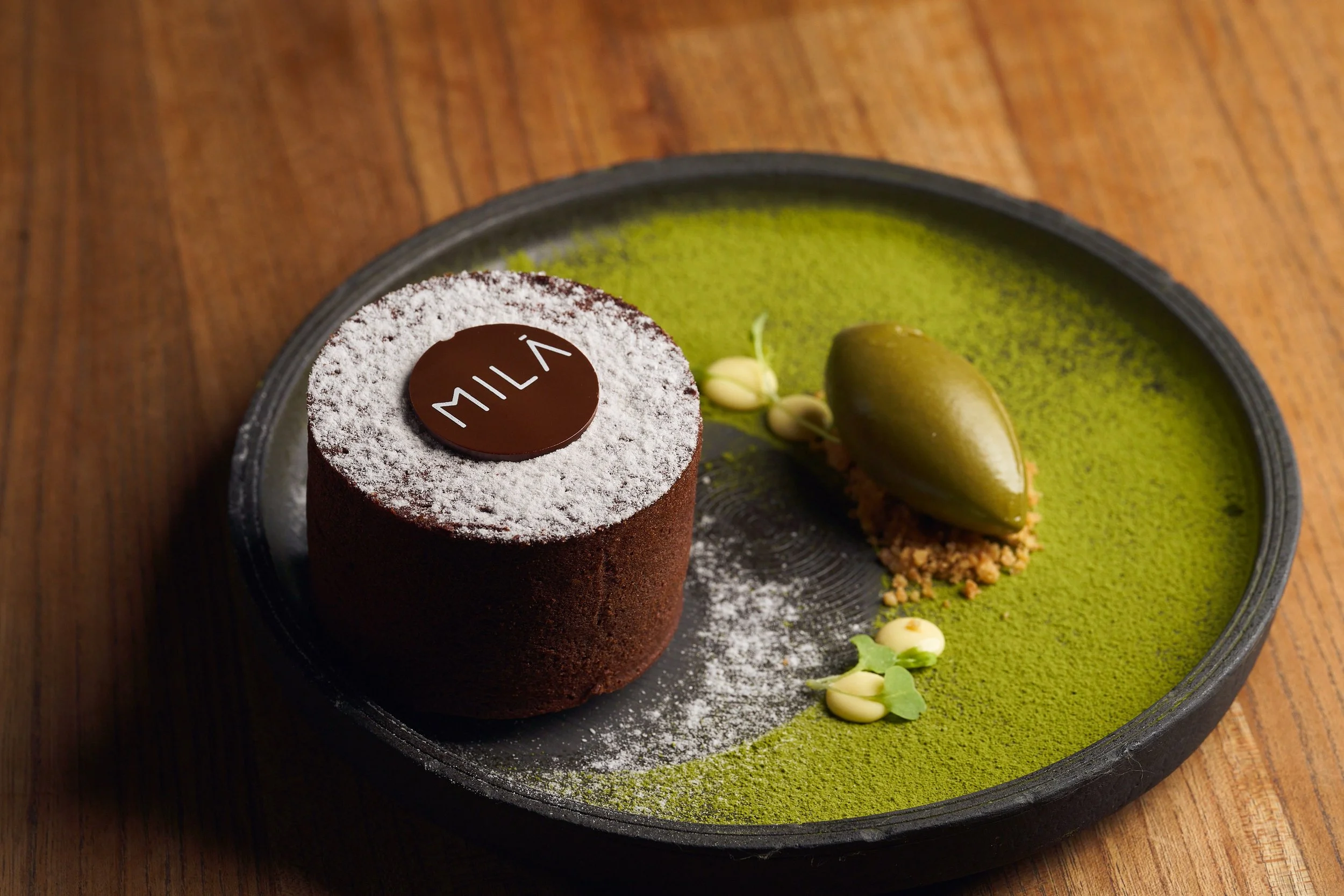 One of MILA's dessert items, being a chocolate cake.