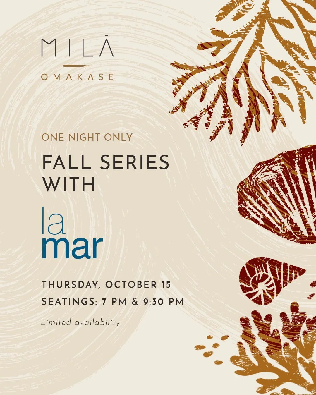 Introducing the MILA Omakase Fall Series. This October, we welcome Chef @diegooka of La Mar for a special collaboration featuring a menu created exclusively for the evening on Thursday, October 15. Limited availability - reserve your seat through the