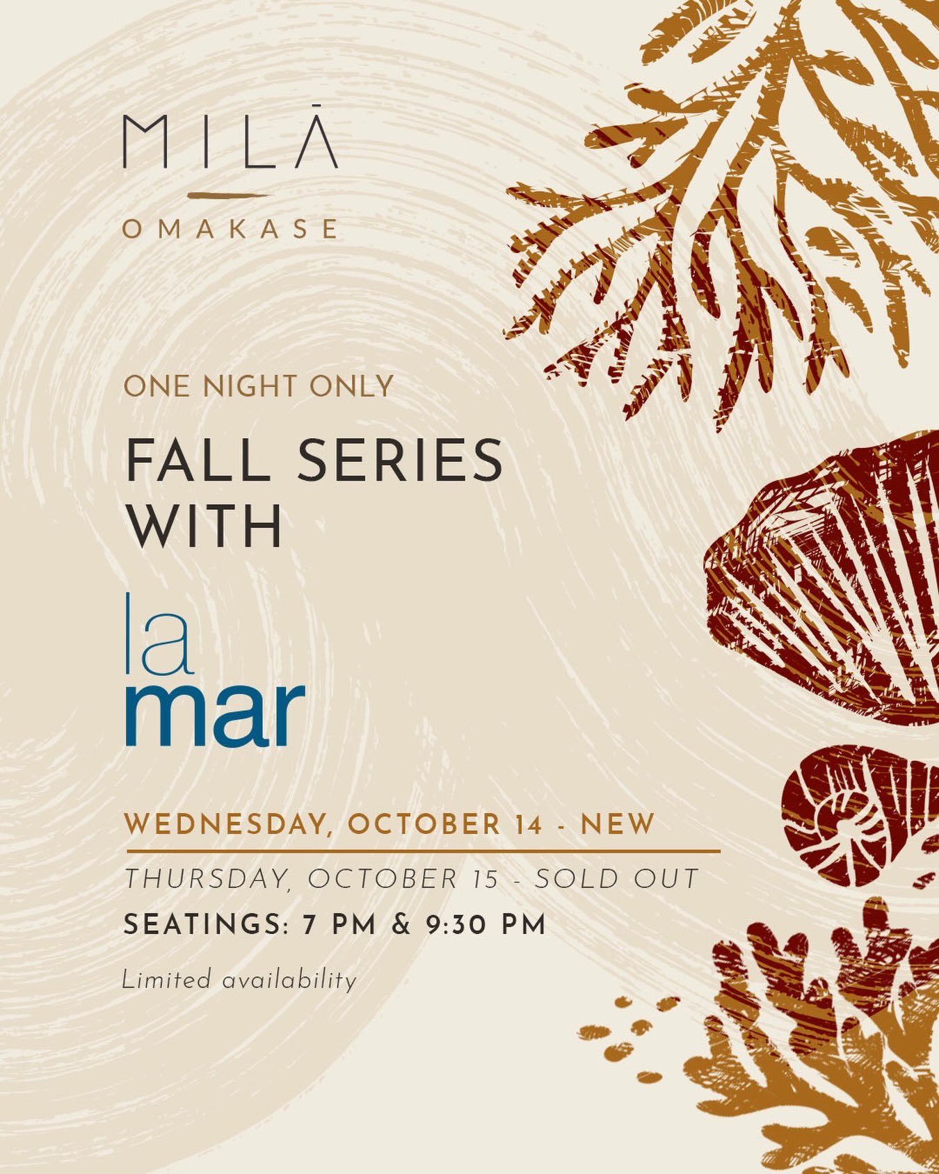The MILA Omakase Fall Series continues with Chef @diegooka of La Mar. Thursday, October 15 is officially sold out. Limited availability remains for our newly added evening on Wednesday, October 14, featuring a menu created exclusively for the collabo