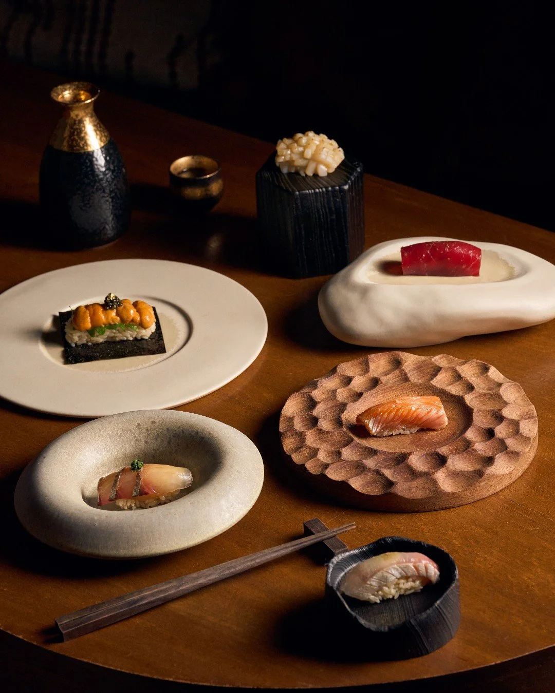 From Toyosu to the counter. Our seasonal nigiri features fresh fish sourced daily from Japan, with each selection prepared to showcase distinct flavor and texture.