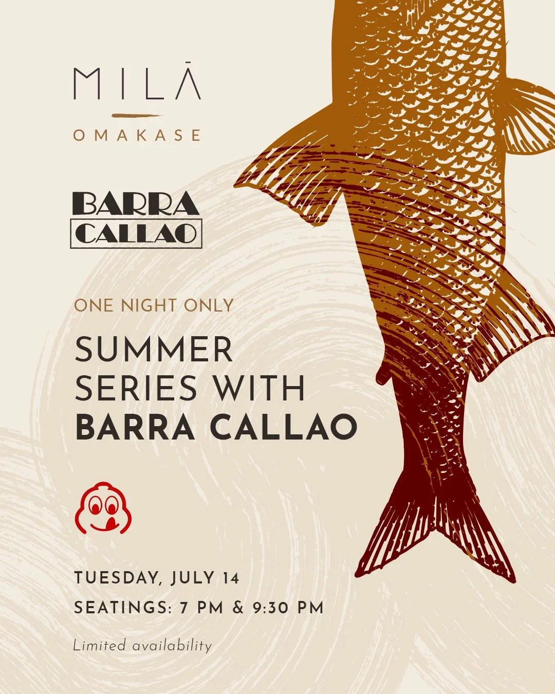 Event flyer with a stylized fish illustration, featuring event details for a summer series with Barra Callao on July 14 at 7 PM and 9:30 PM.