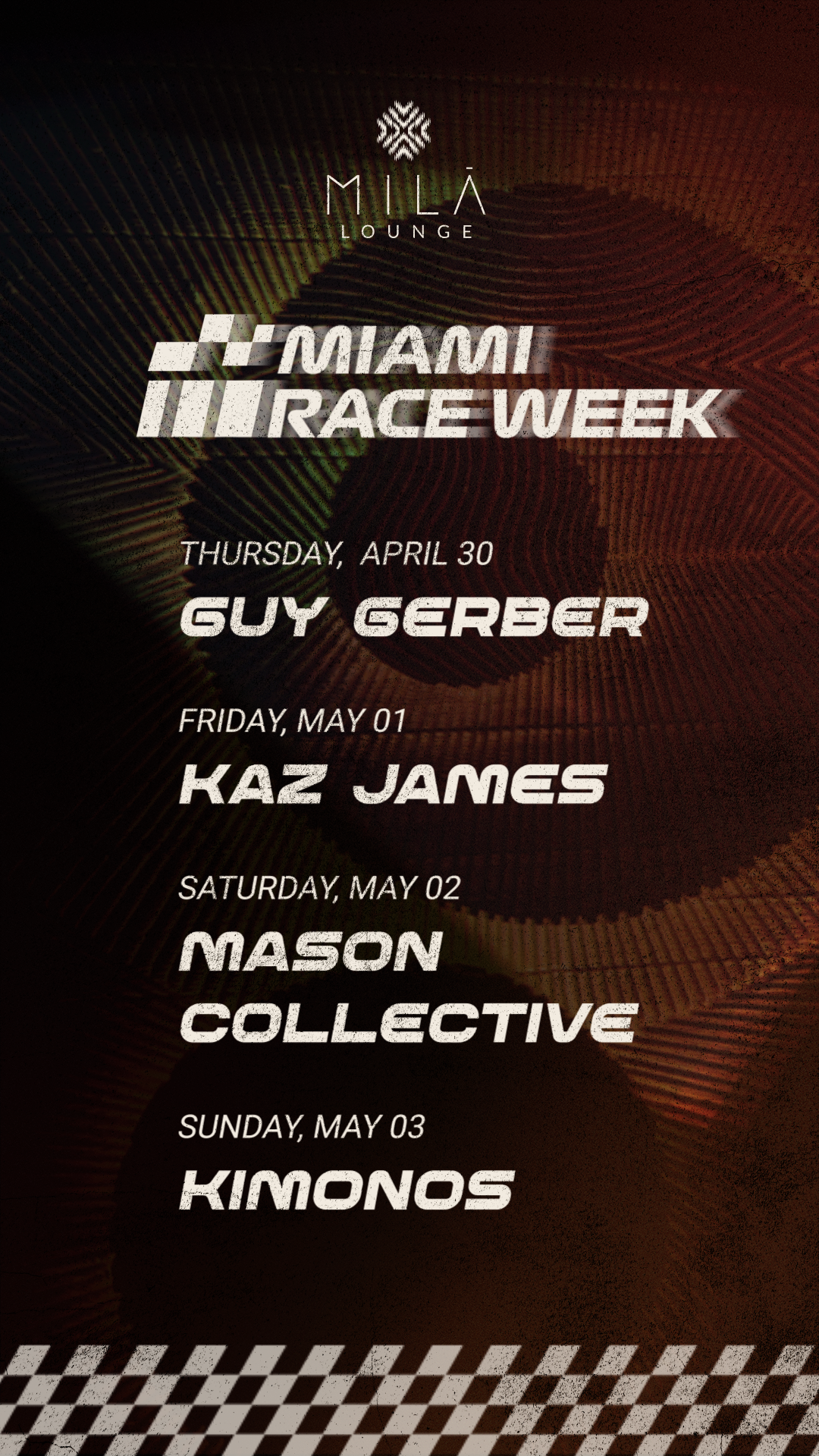 Curated international DJ lineup for Miami Race Week at Mila Lounge.