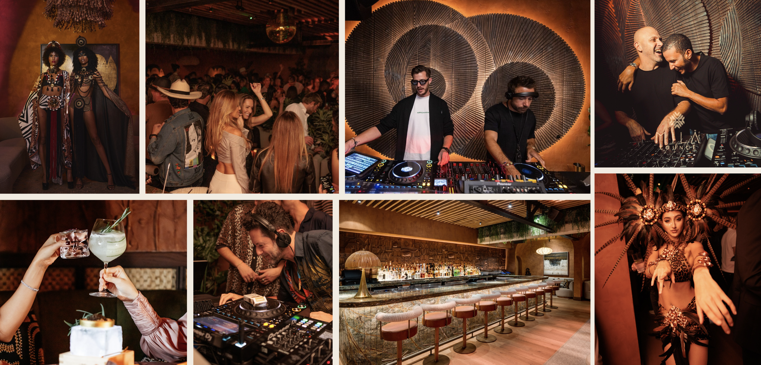 8 collaged images of MILA lounge from MILA Lounge's instagramwith a dj, people laughing and dancing, cocktails and a view of the bar.