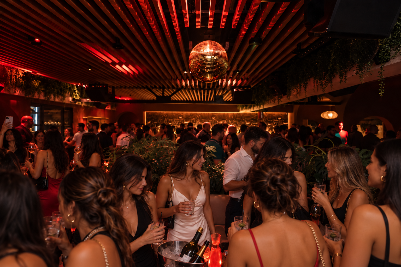 A crowded nighttime party scene with people socializing, holding drinks, and enjoying music under warm, ambient lighting, with a large disco ball hanging from the ceiling.