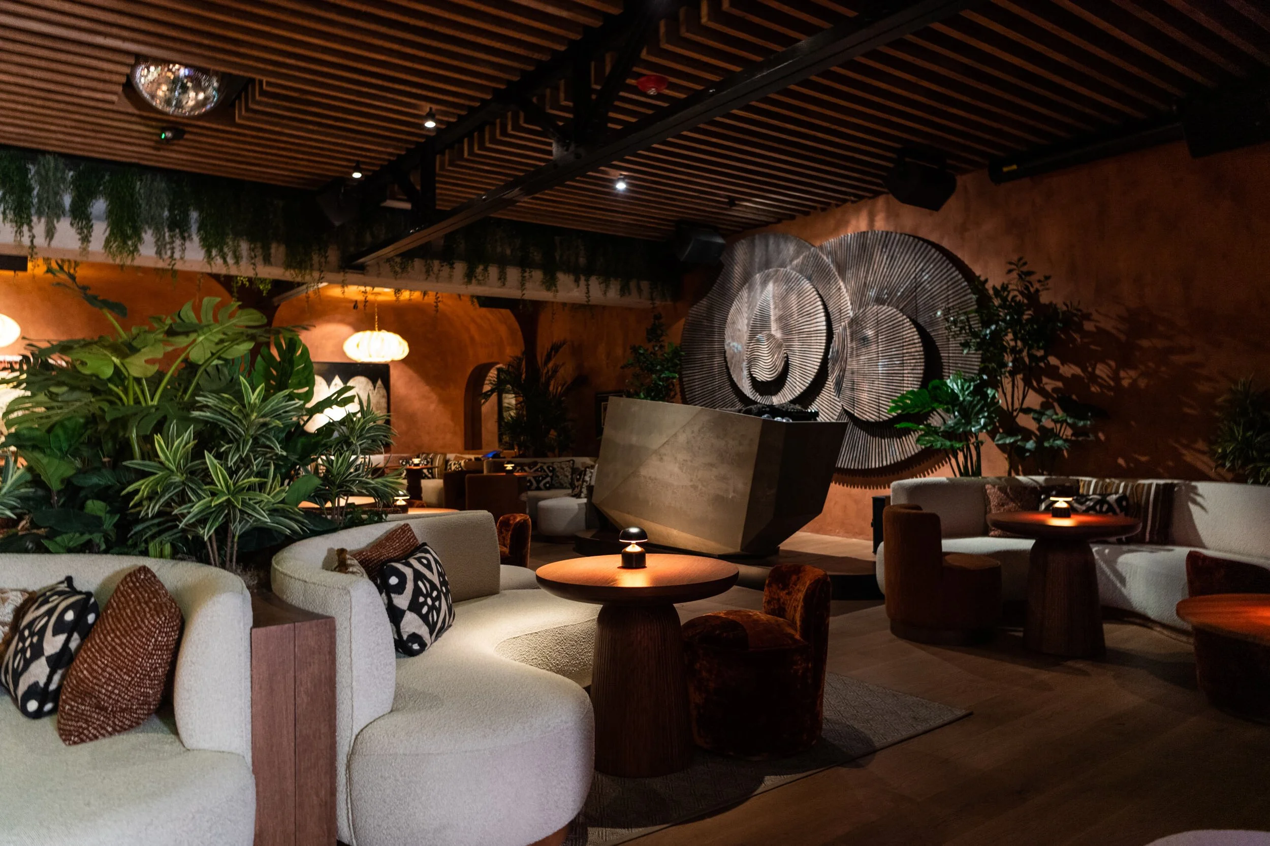 Beautifully designed lounge with unique artwork and decor to make the space feel comfortable.