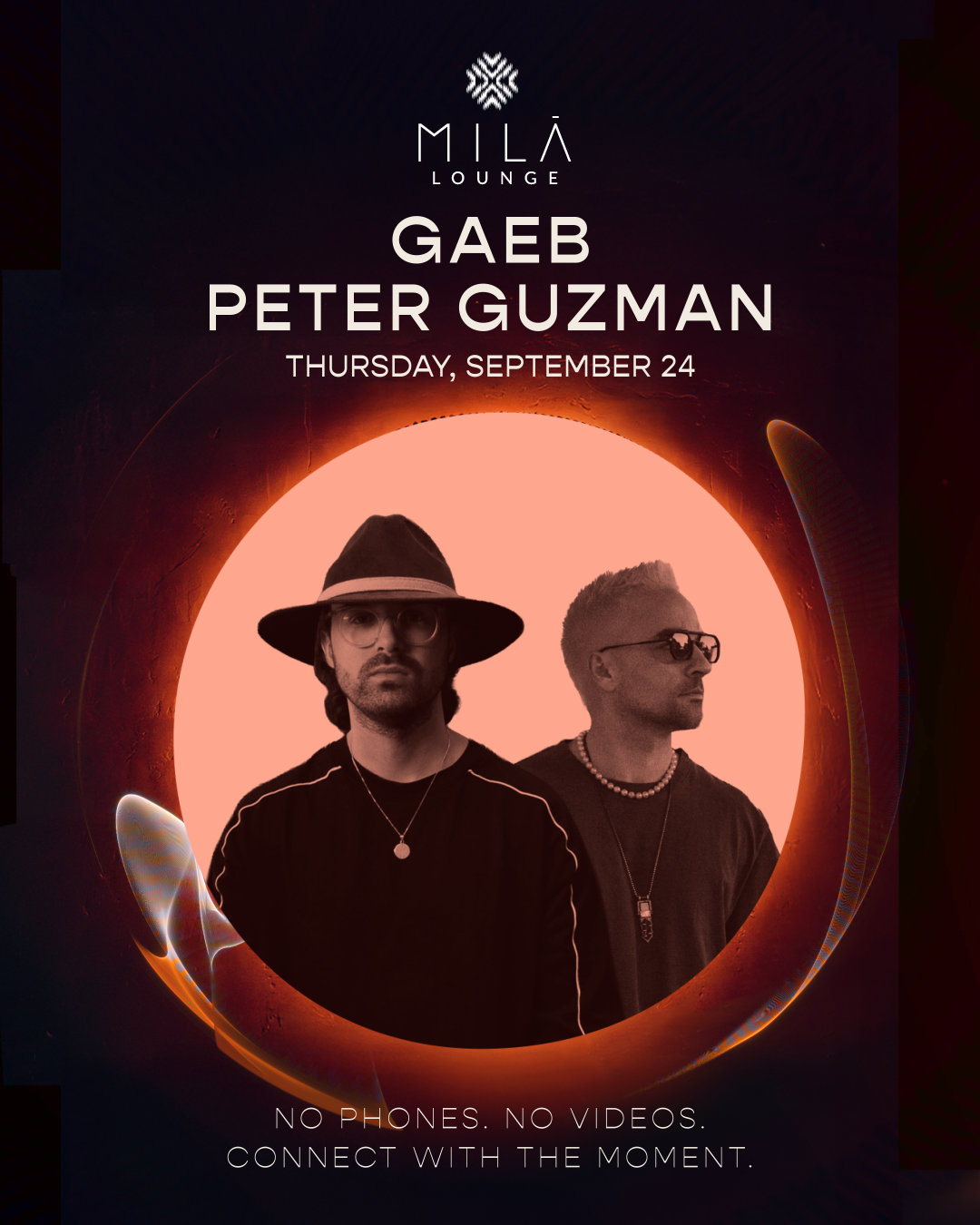 No Phones Night flyer for MILA Lounge featuring Gaeb and Peter Guzman