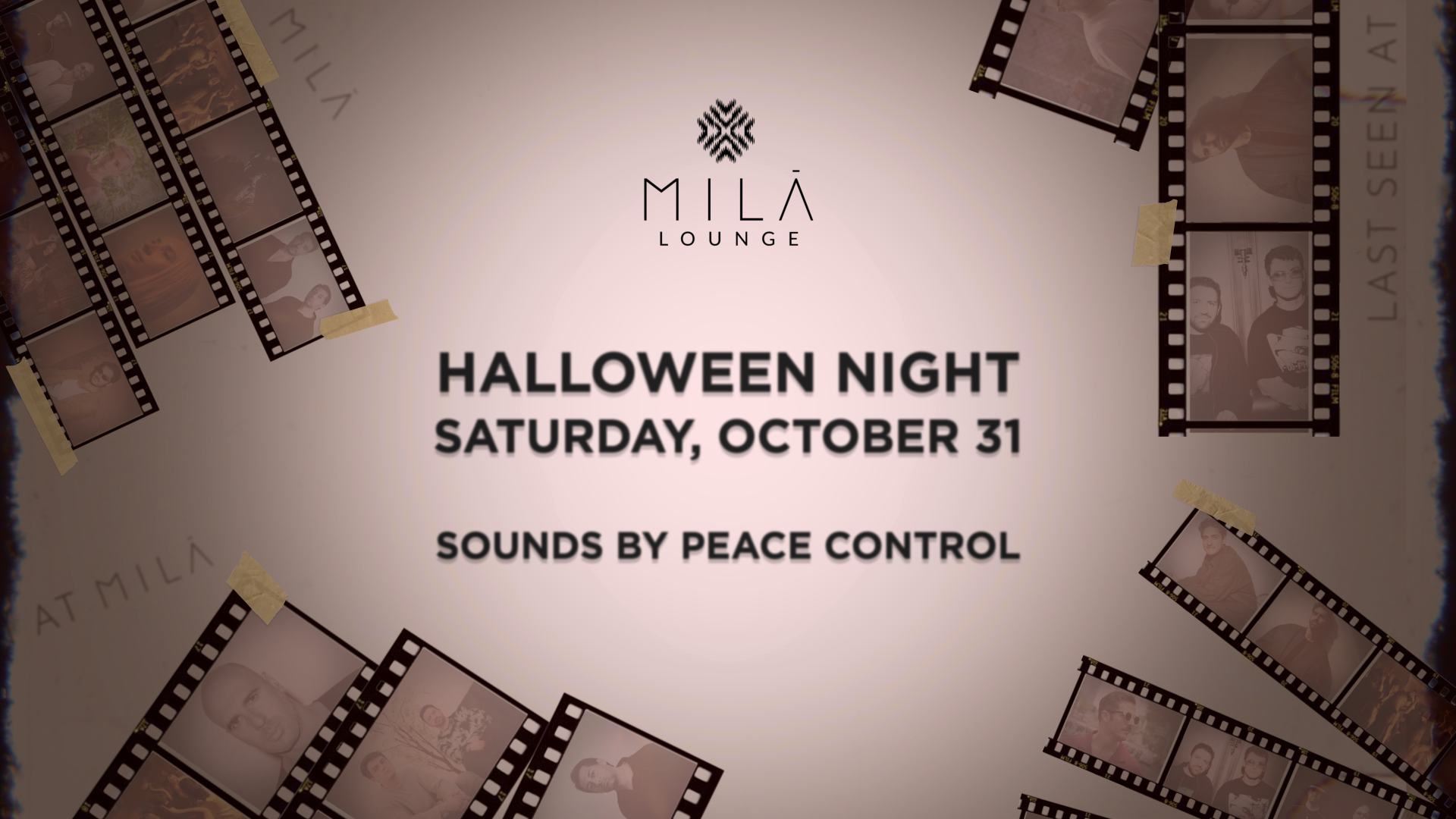 Event poster for MÎLÁ Lounge Halloween Night on Saturday, October 31 featuring sounds by Peace Control, decorated with vintage photographs and film strips.
