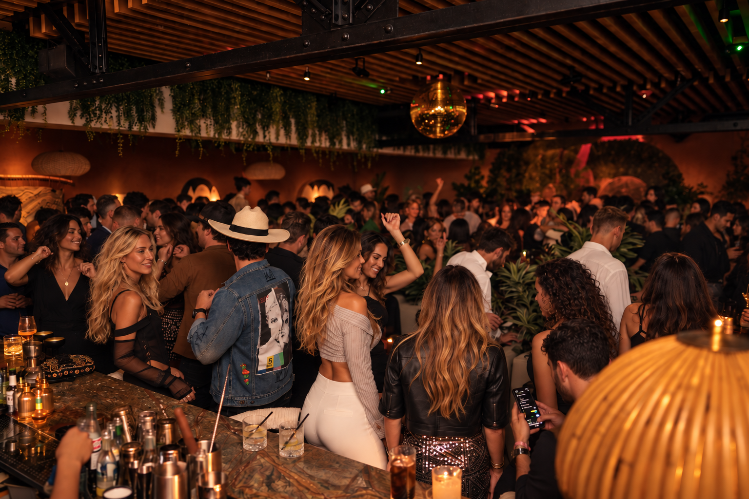 Crowded indoor party with people dancing and socializing, with bar area in foreground, warm lighting, and disco ball ceiling decoration.
