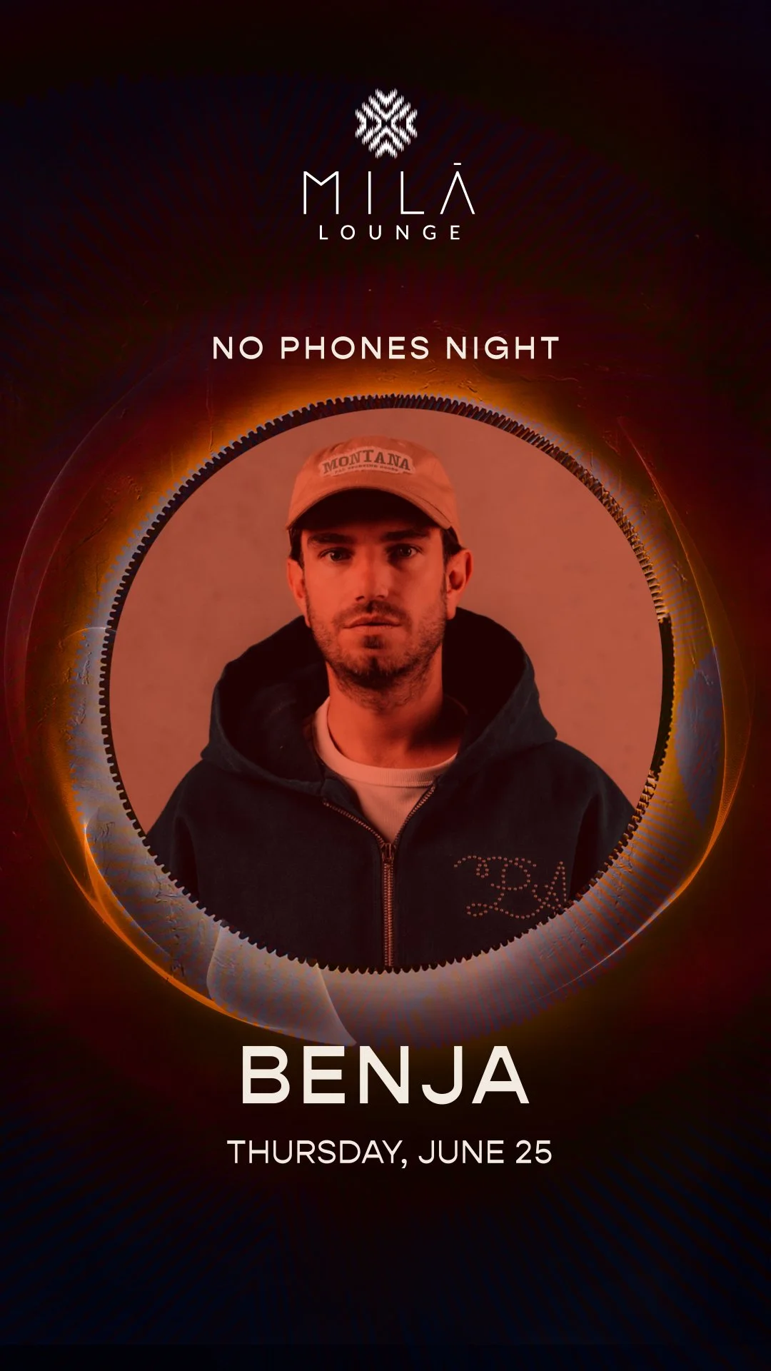 Flyer of Benja, a DJ performing at MILA Lounge for the No Phones Night Experience